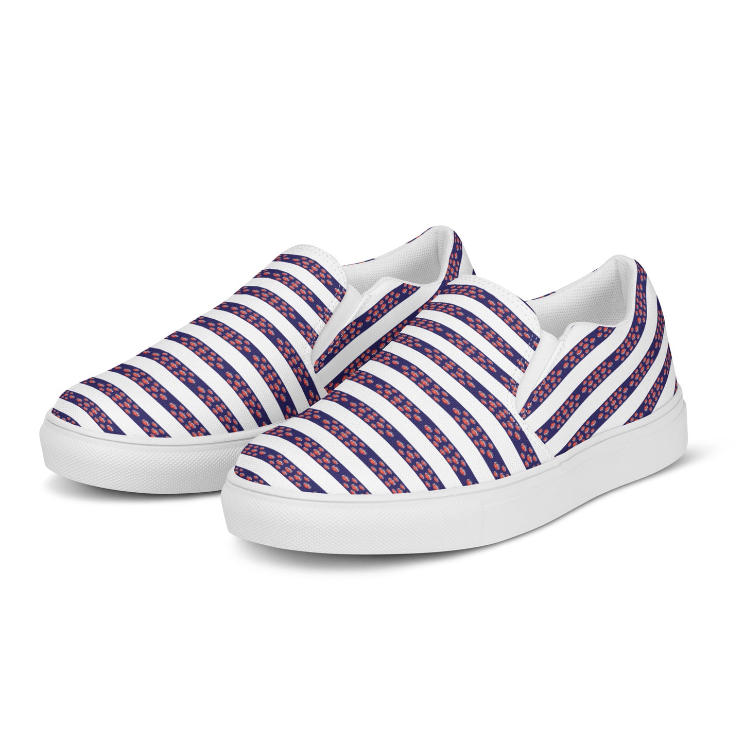 Women’s slip-on canvas shoes Kukloso No 12 Red Orbs on Navy Stripes on White - Free Shipping