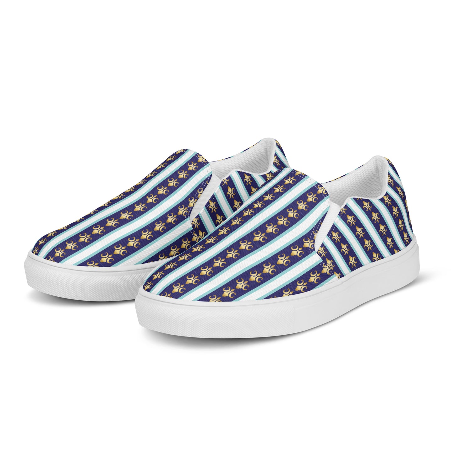 Women’s slip-on canvas shoes Kukloso FS No 58 Gold fleurs de lys on Navy/Aqua Stripes - Free Shipping