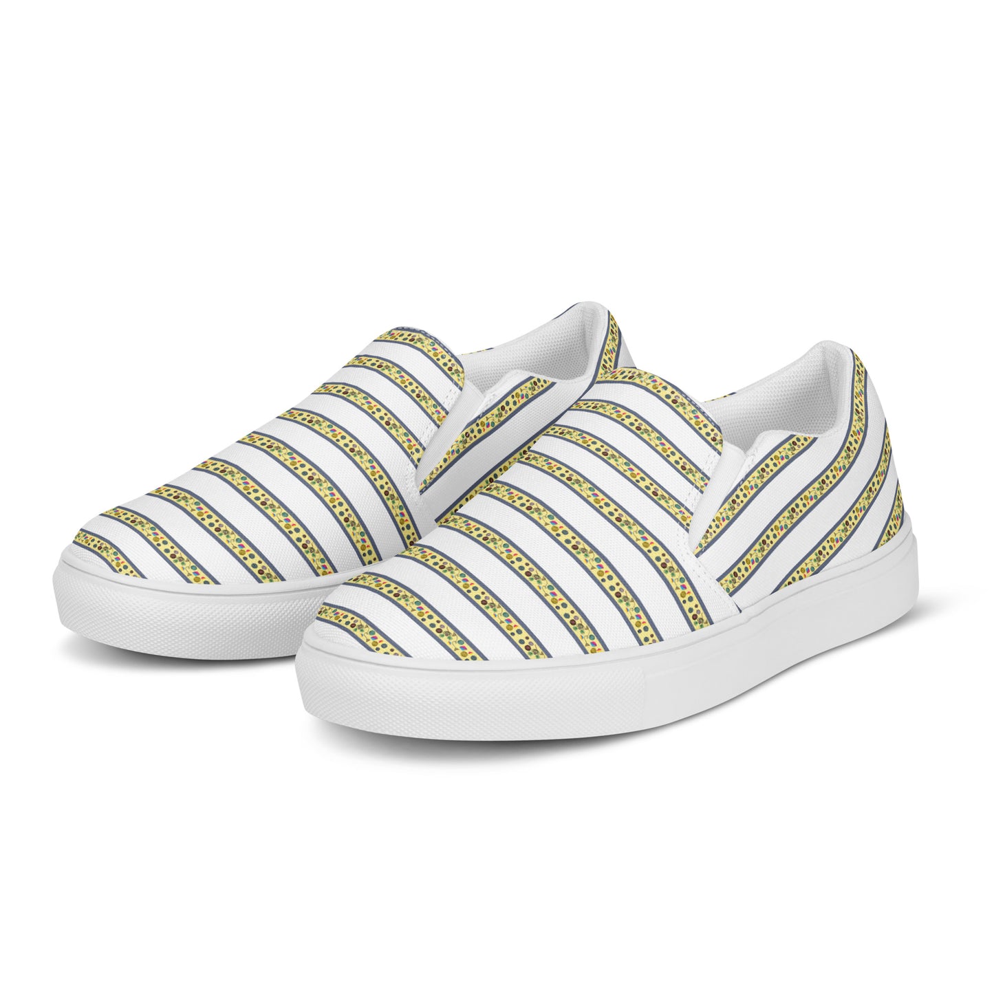 Women’s slip-on canvas shoes Kukloso FS No 104 Yellow Happy Stripes on White - Free Shipping