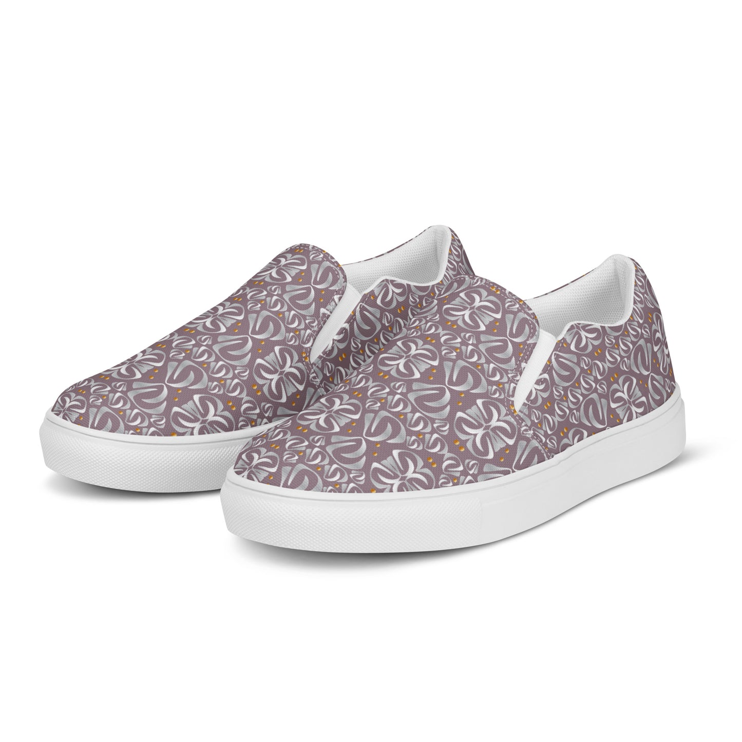 Women’s slip-on canvas shoes Kukloso Fleurons No 32 Gold, Silver on Mauve - Free Shipping