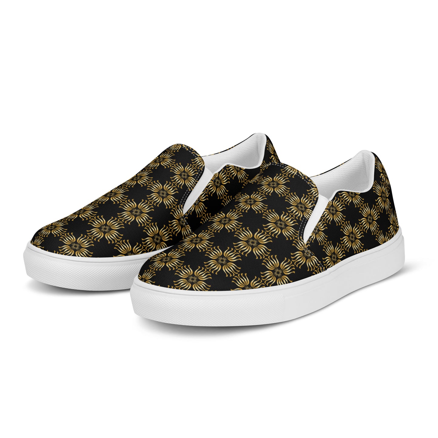 Women’s slip-on canvas shoes Kukloso Golden Fleurons on Black - Free Shipping