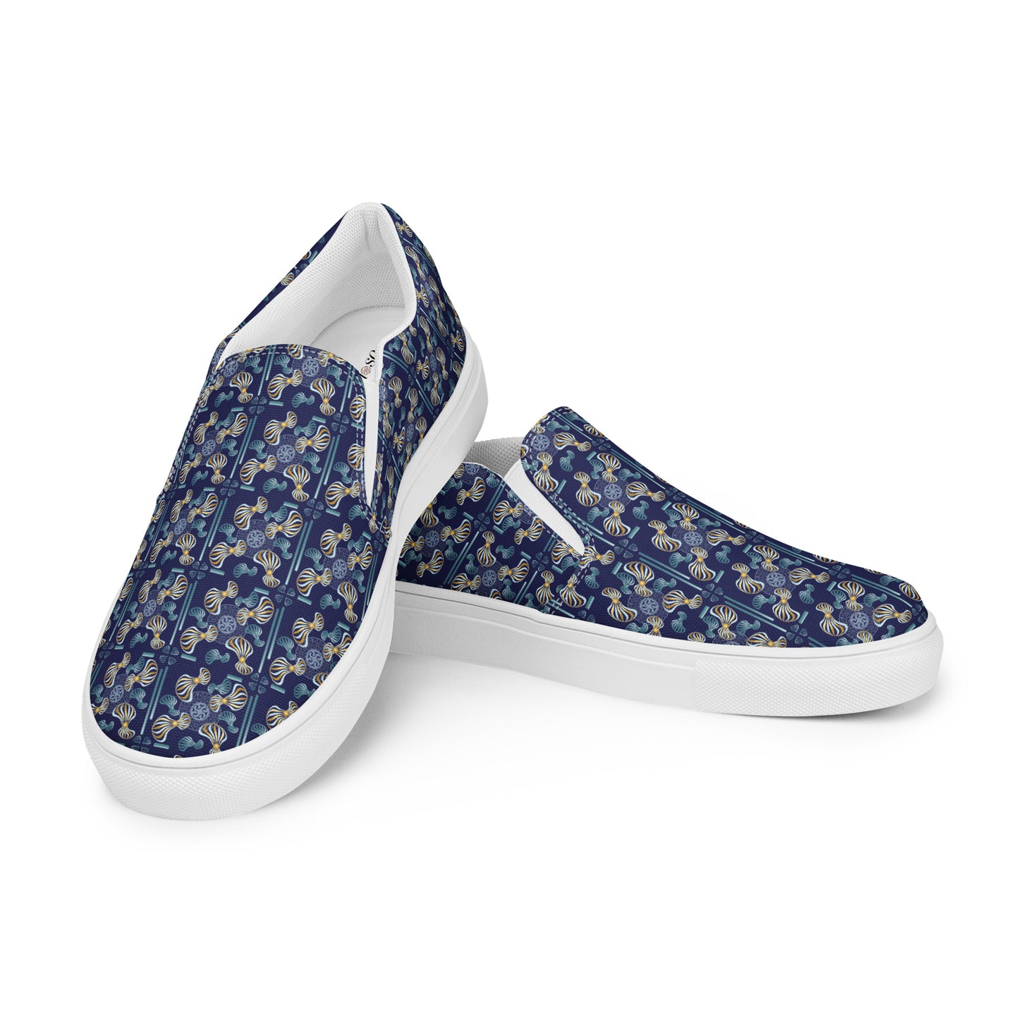 Women’s slip-on canvas shoes Kukloso Whimsical No 97 Aqua/Gold Spirials on Navy - Free Shipping