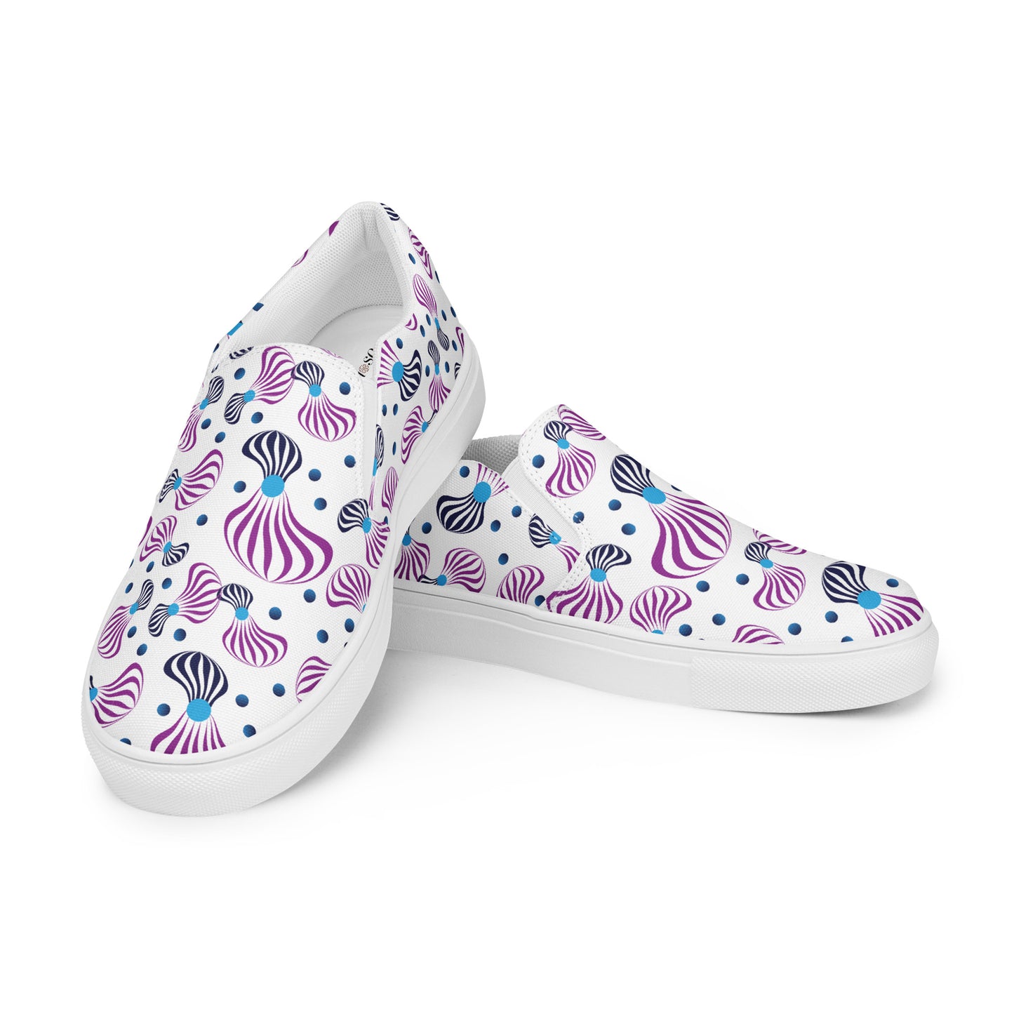 Women’s slip-on canvas shoes Kukloso Whimsical No 95 Purple/Aqua/Navy Spirials on White - Free Shipping