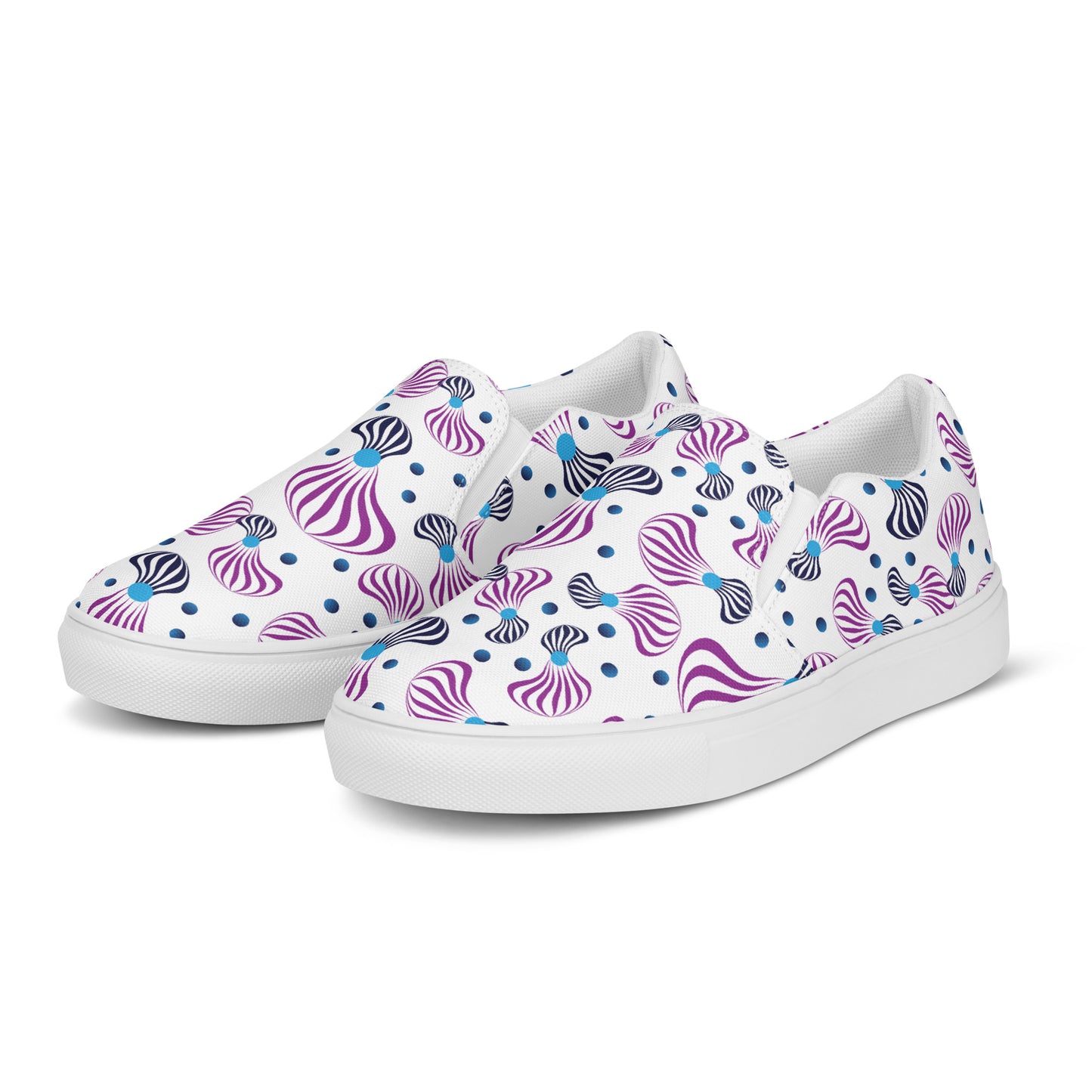 Women’s slip-on canvas shoes Kukloso Whimsical No 95 Purple/Aqua/Navy Spirials on White - Free Shipping