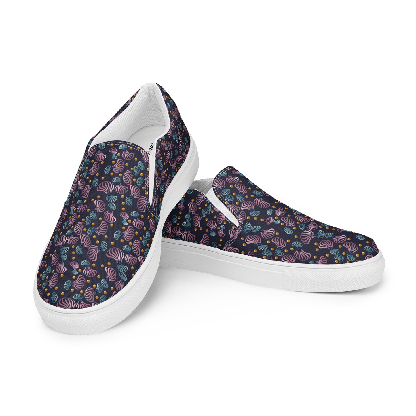 Women’s slip-on canvas shoes Kukloso Whimsical No 81 Pink/Aqua Spirials on Navy - Free Shipping