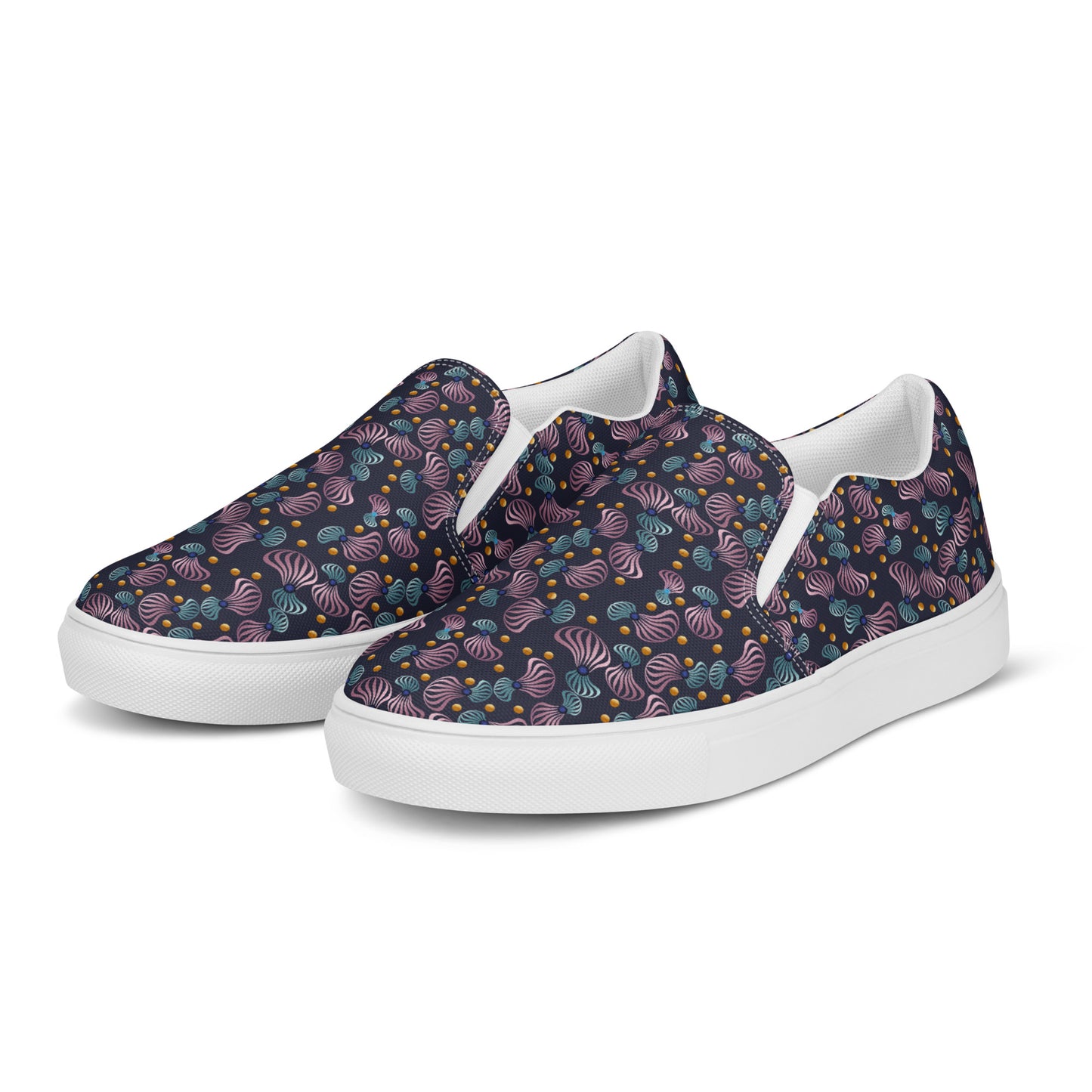 Women’s slip-on canvas shoes Kukloso Whimsical No 81 Pink/Aqua Spirials on Navy - Free Shipping