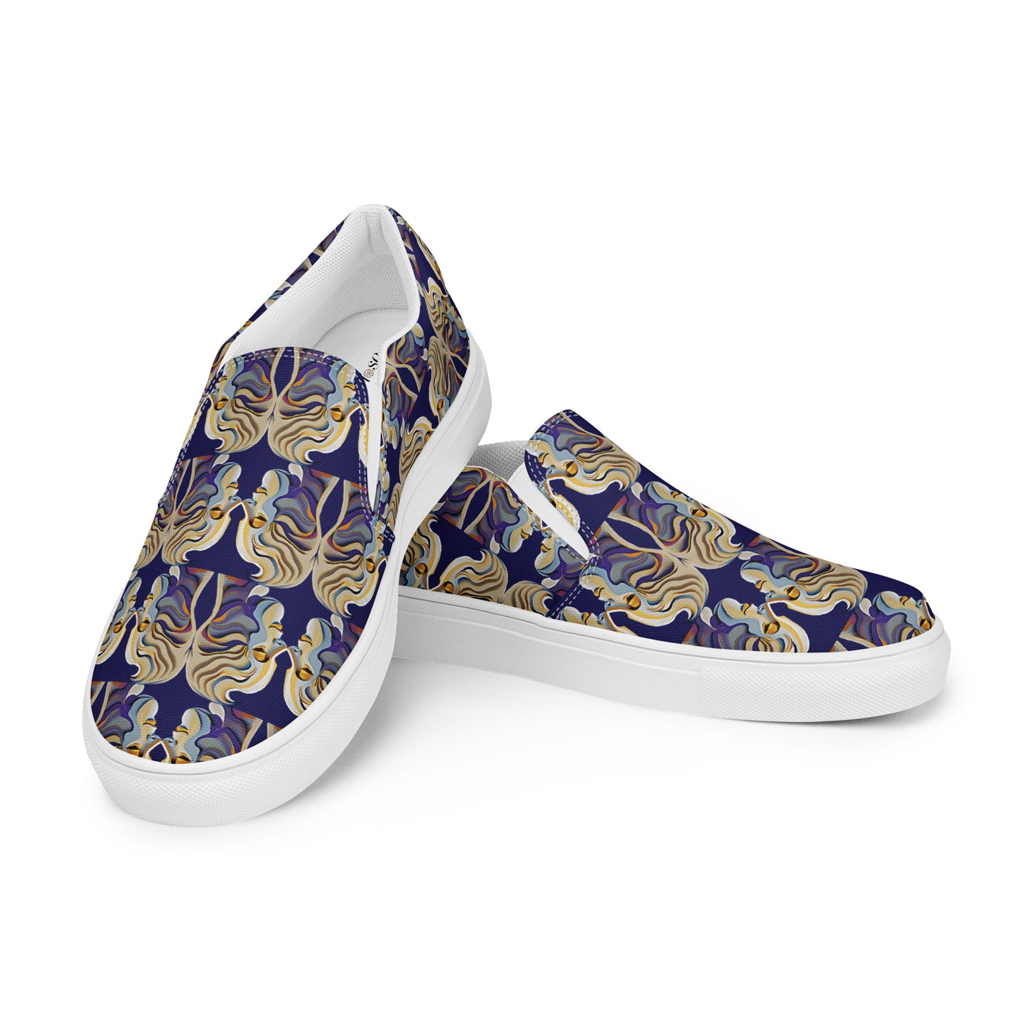 Women’s slip-on canvas shoes Kukloso Cubist Faces No 1 Large Pattern on Navy- Free Shipping