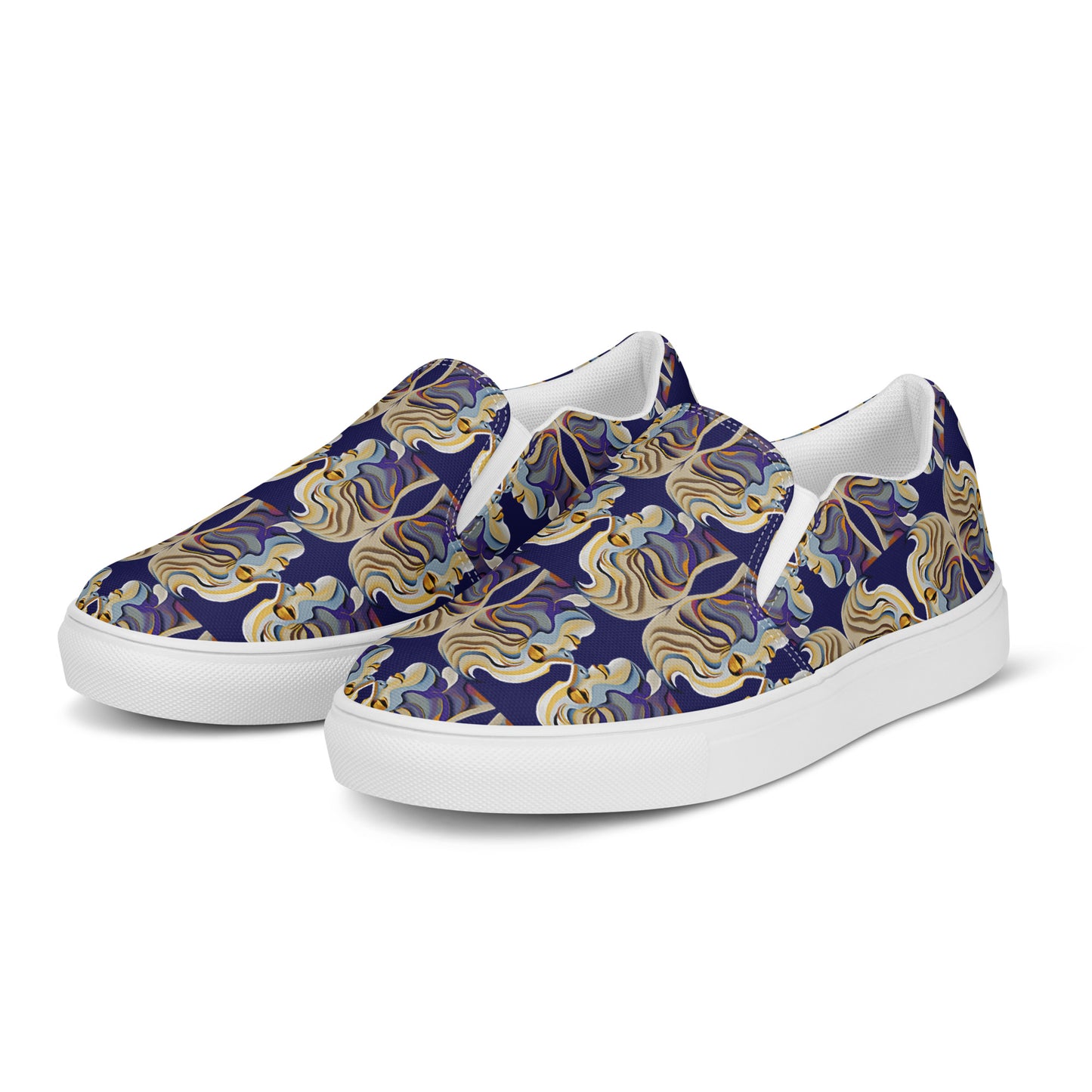 Women’s slip-on canvas shoes Kukloso Cubist Faces No 1 Large Pattern on Navy- Free Shipping