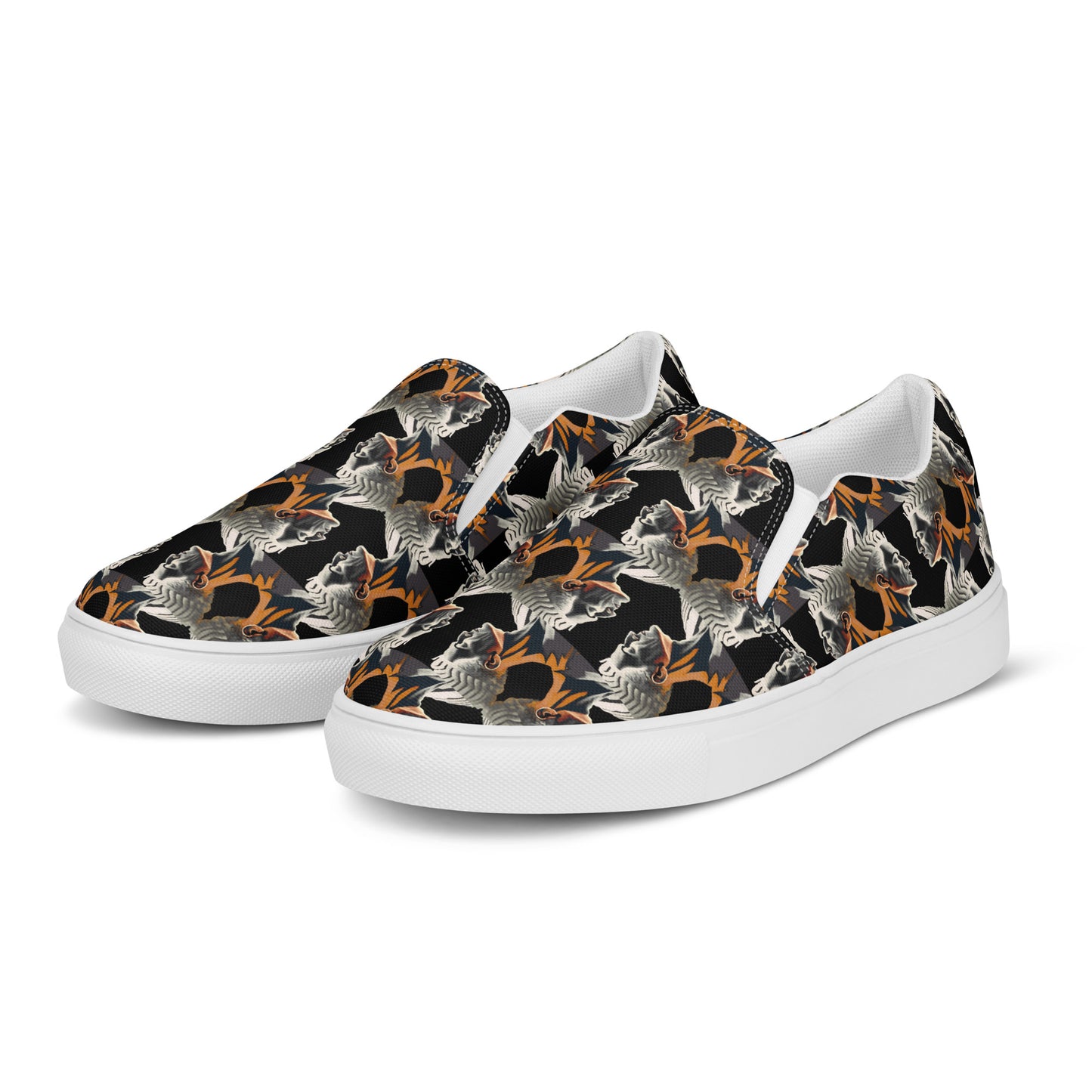 Women’s slip-on canvas shoes Kukloso Cubist Faces No 2 Large Pattern on Black - Free Shipping