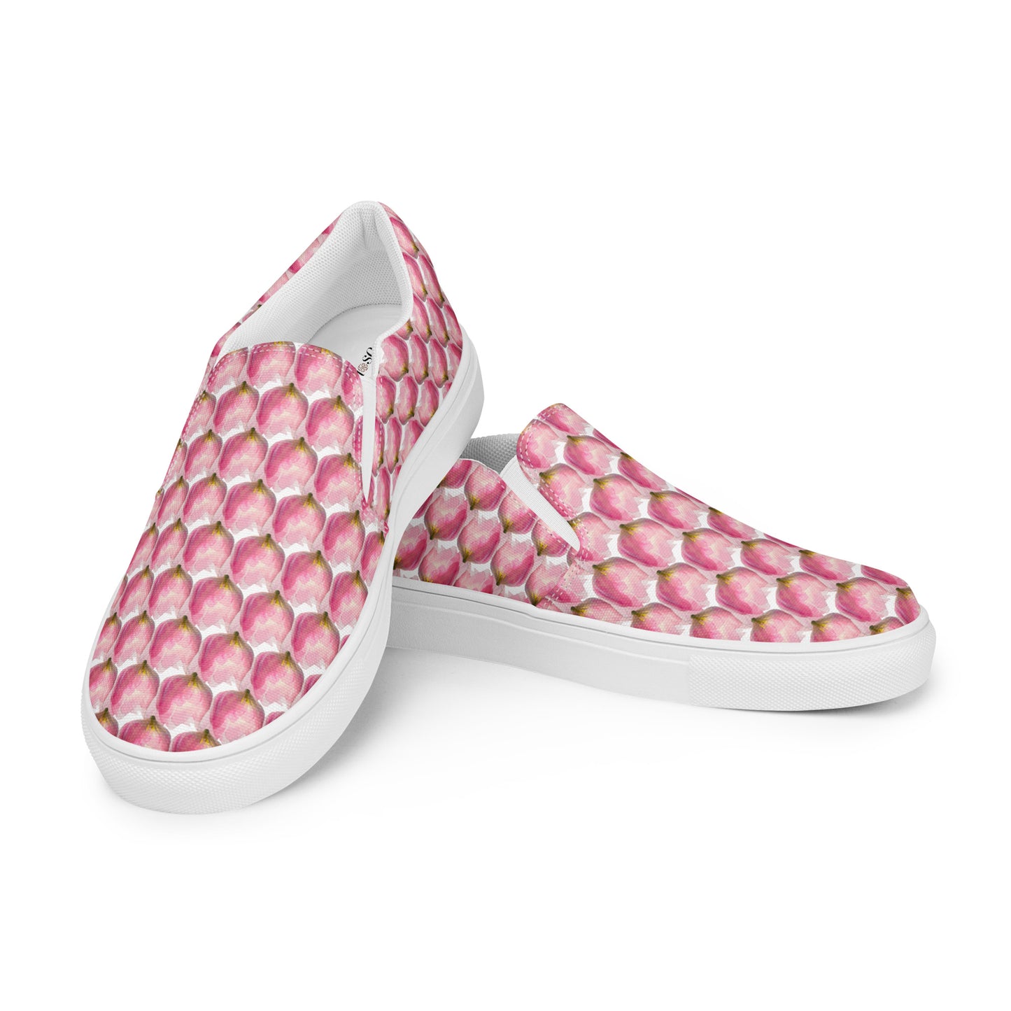 Women’s slip-on canvas shoes Kukloso Les tulipes Pink on White - Free Shipping