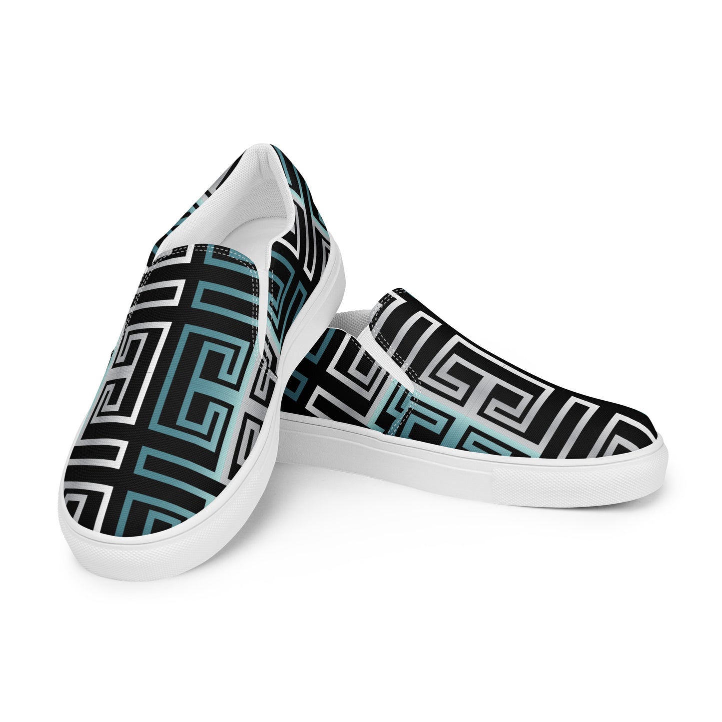 Women’s slip-on canvas shoes Kukloso Greek Border No 16 Silver/Aqua on Black - Free Shipping