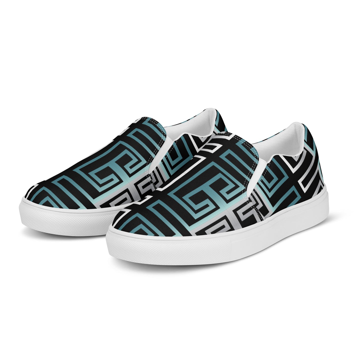 Women’s slip-on canvas shoes Kukloso Greek Border No 16 Silver/Aqua on Black - Free Shipping