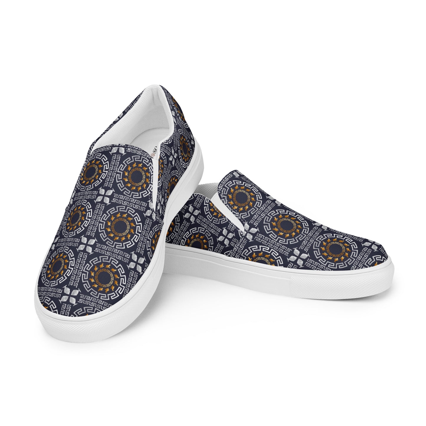 Women’s slip-on canvas shoes Kukloso Greek Border No 40 Ganesha on Navy - Free Shipping