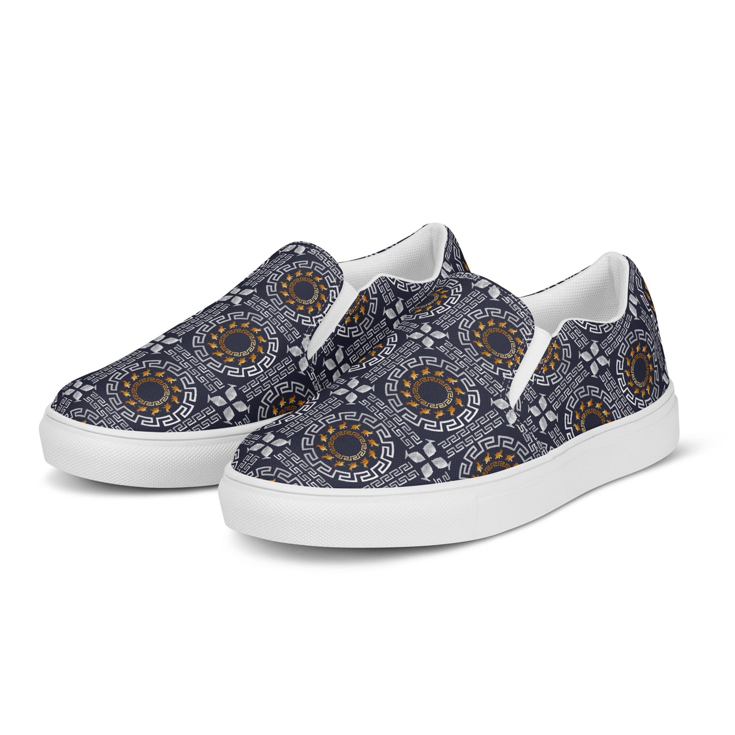 Women’s slip-on canvas shoes Kukloso Greek Border No 40 Ganesha on Navy - Free Shipping