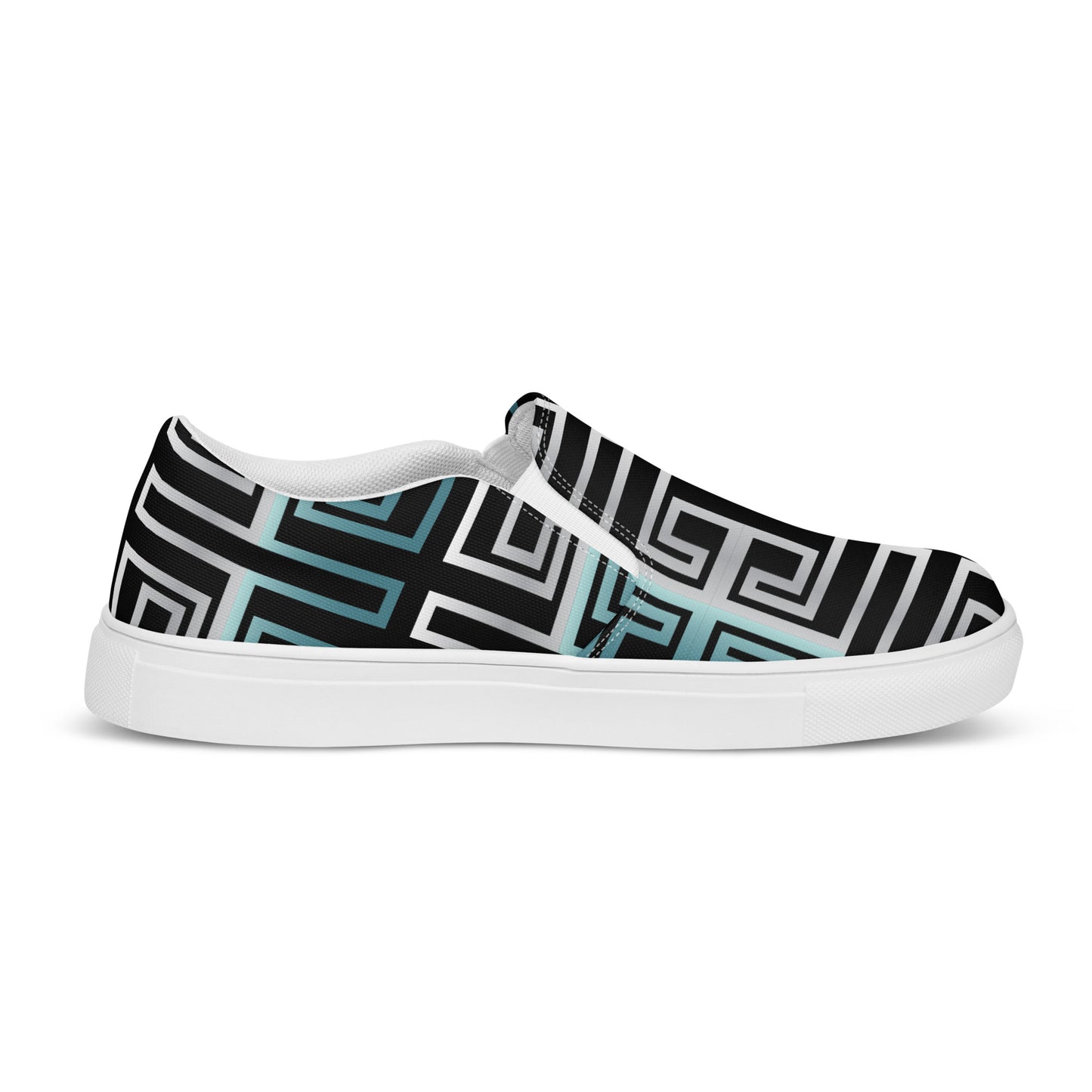 Women’s slip-on canvas shoes Kukloso Greek Border No 16 Silver/Aqua on Black - Free Shipping