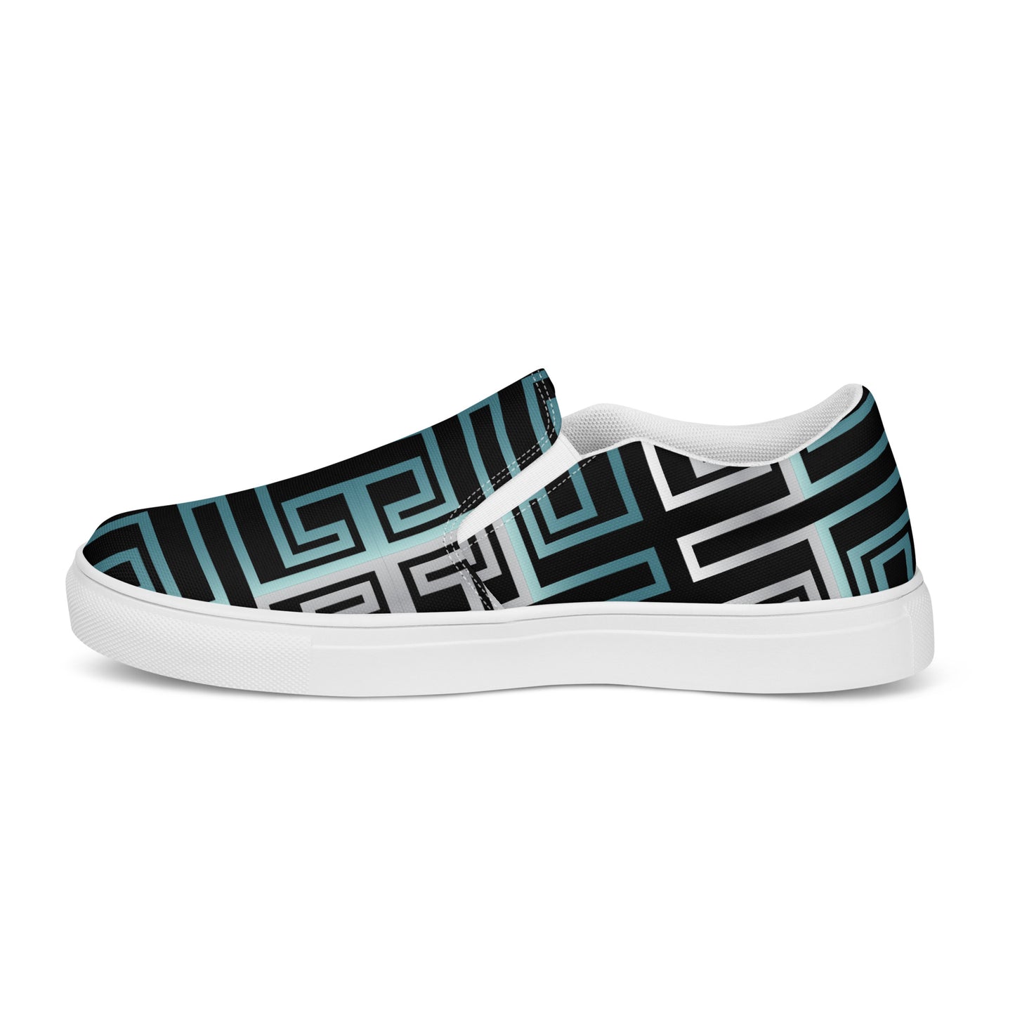 Women’s slip-on canvas shoes Kukloso Greek Border No 16 Silver/Aqua on Black - Free Shipping