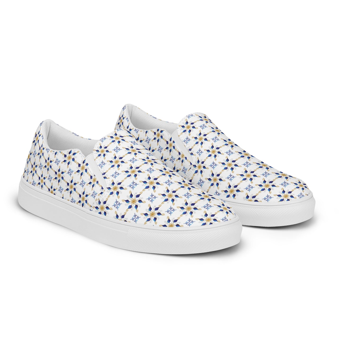 Women’s slip-on canvas shoes Kukloso Geometrica No 7 Navy, Gold on White - Free Shipping