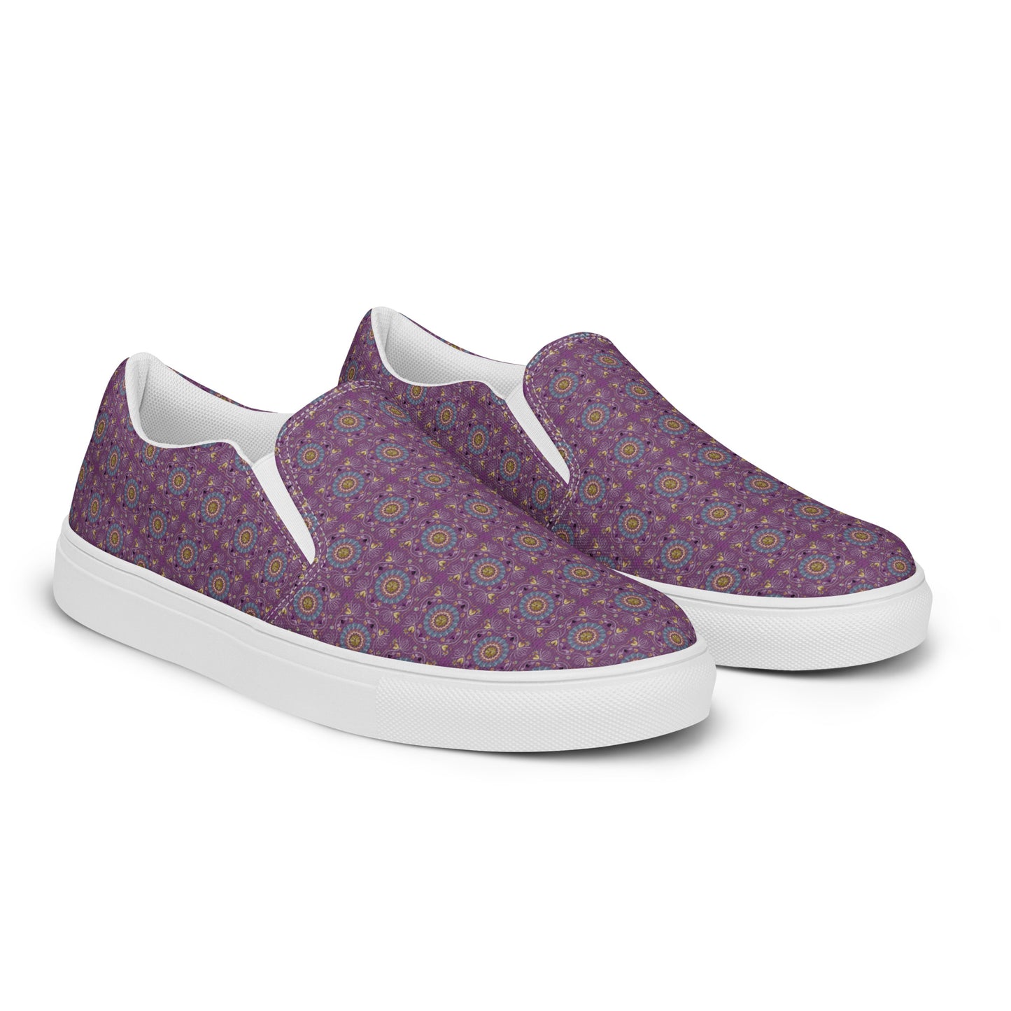 Women’s slip-on canvas shoes Kukloso Geometrica No 24 Mini-Mandalas Aqua, Gold on Violet - Free Shipping