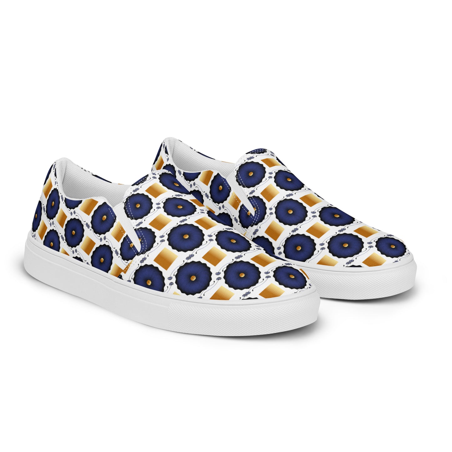 Women’s slip-on canvas shoes Kukloso Geometrica No 29 Navy, Gold on White - Free Shipping