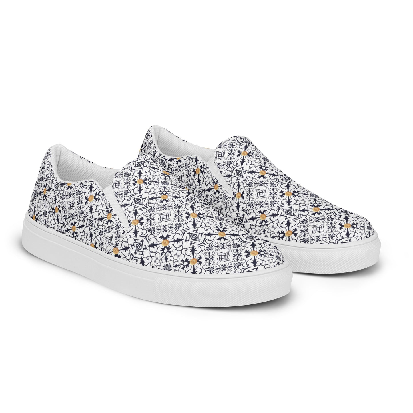 Women’s slip-on canvas shoes Kukloso Geometrica No 45 Gold, Navy on White - Free Shipping