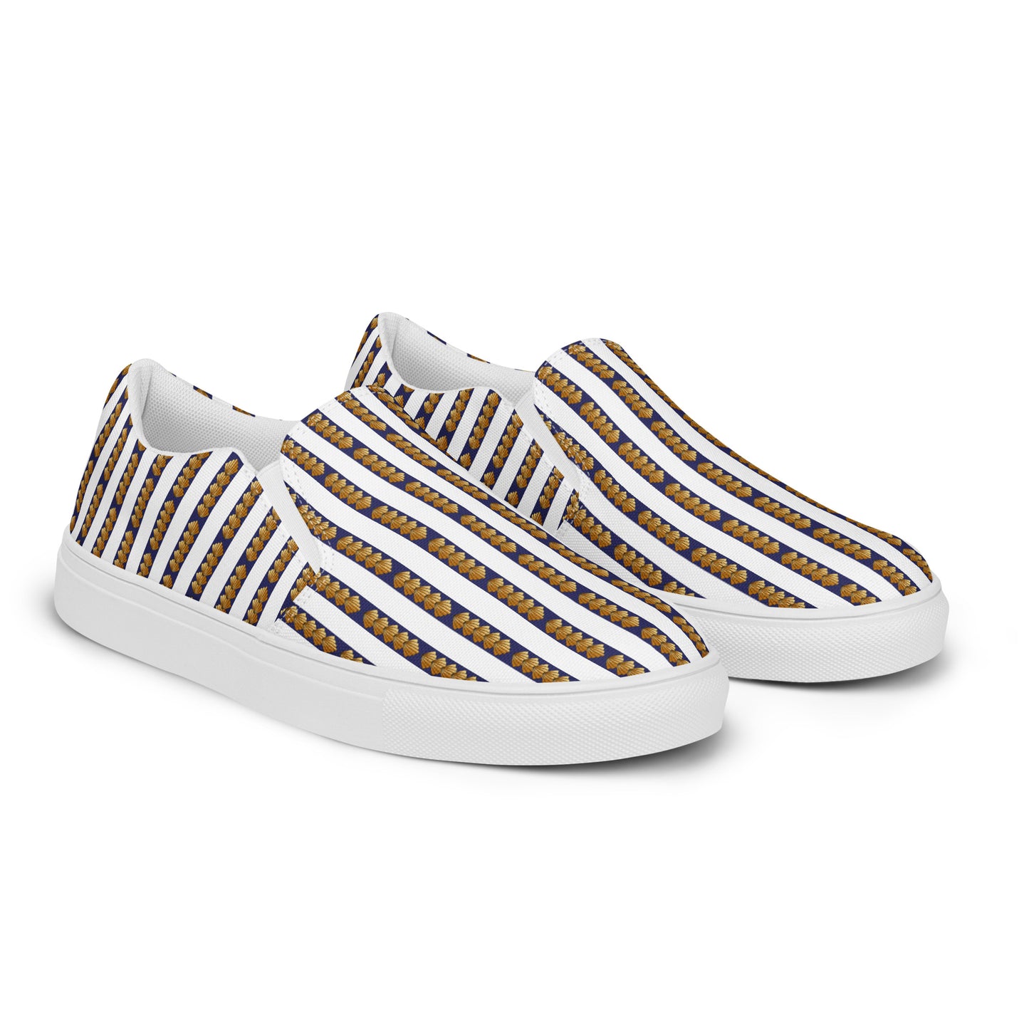 Women’s slip-on canvas shoes Kukloso FS No 6 Navy, Gold Stripes on White - Free Shipping