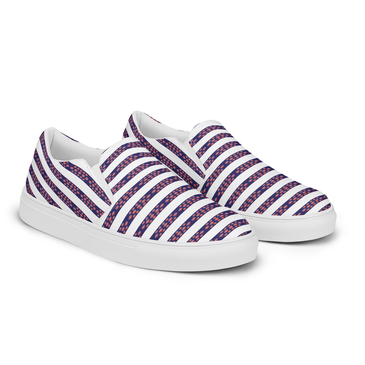 Women’s slip-on canvas shoes Kukloso No 12 Red Orbs on Navy Stripes on White - Free Shipping