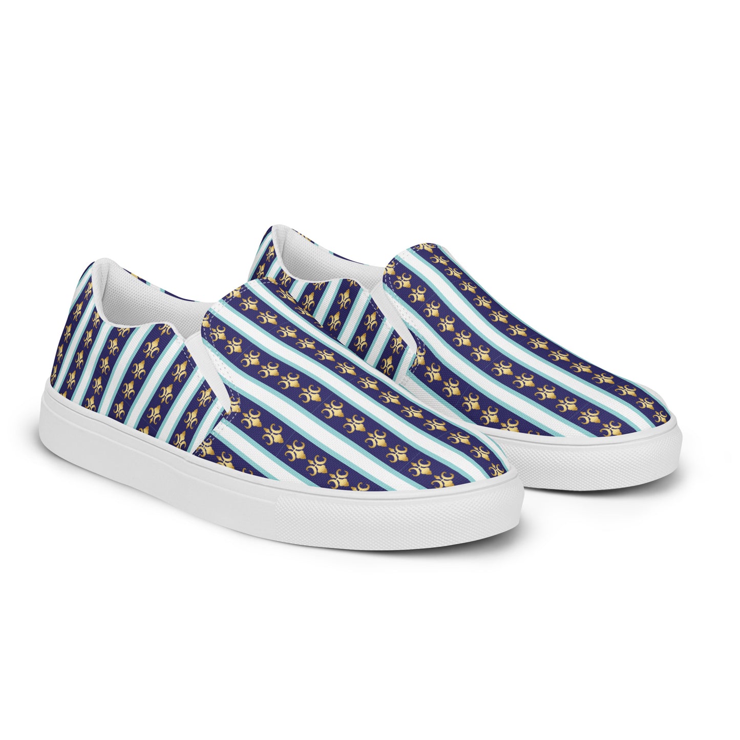 Women’s slip-on canvas shoes Kukloso FS No 58 Gold fleurs de lys on Navy/Aqua Stripes - Free Shipping