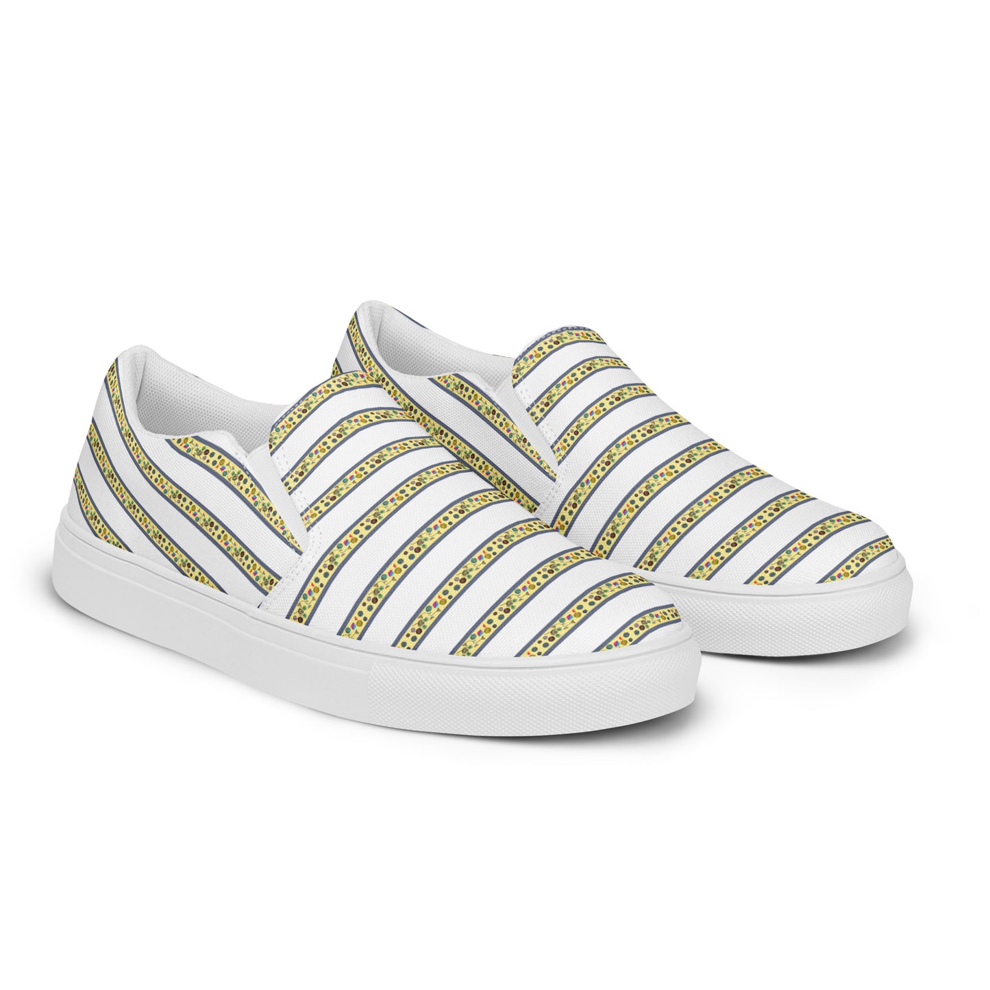 Women’s slip-on canvas shoes Kukloso FS No 104 Yellow Happy Stripes on White - Free Shipping