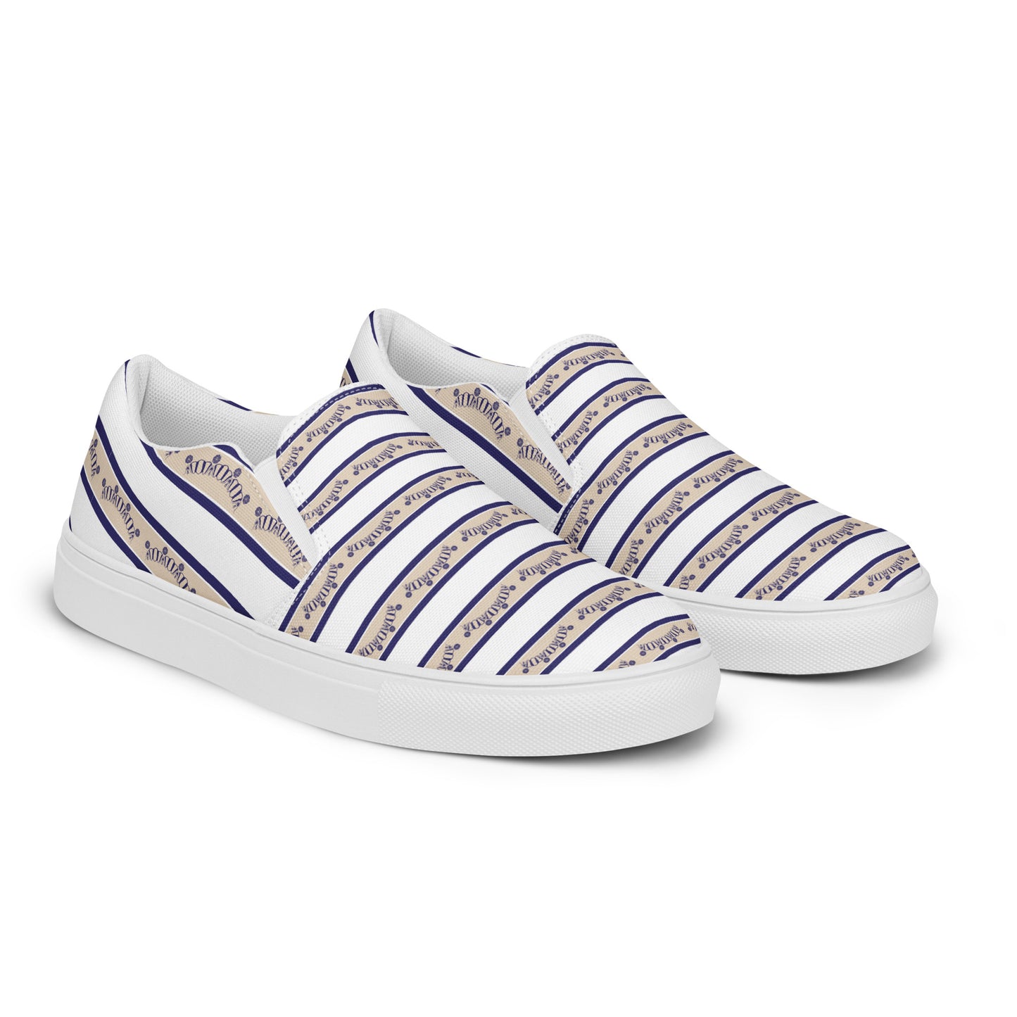 Women’s slip-on canvas shoes Kukloso FS No 96 Tan/Navy Stripes on White - Free Shipping