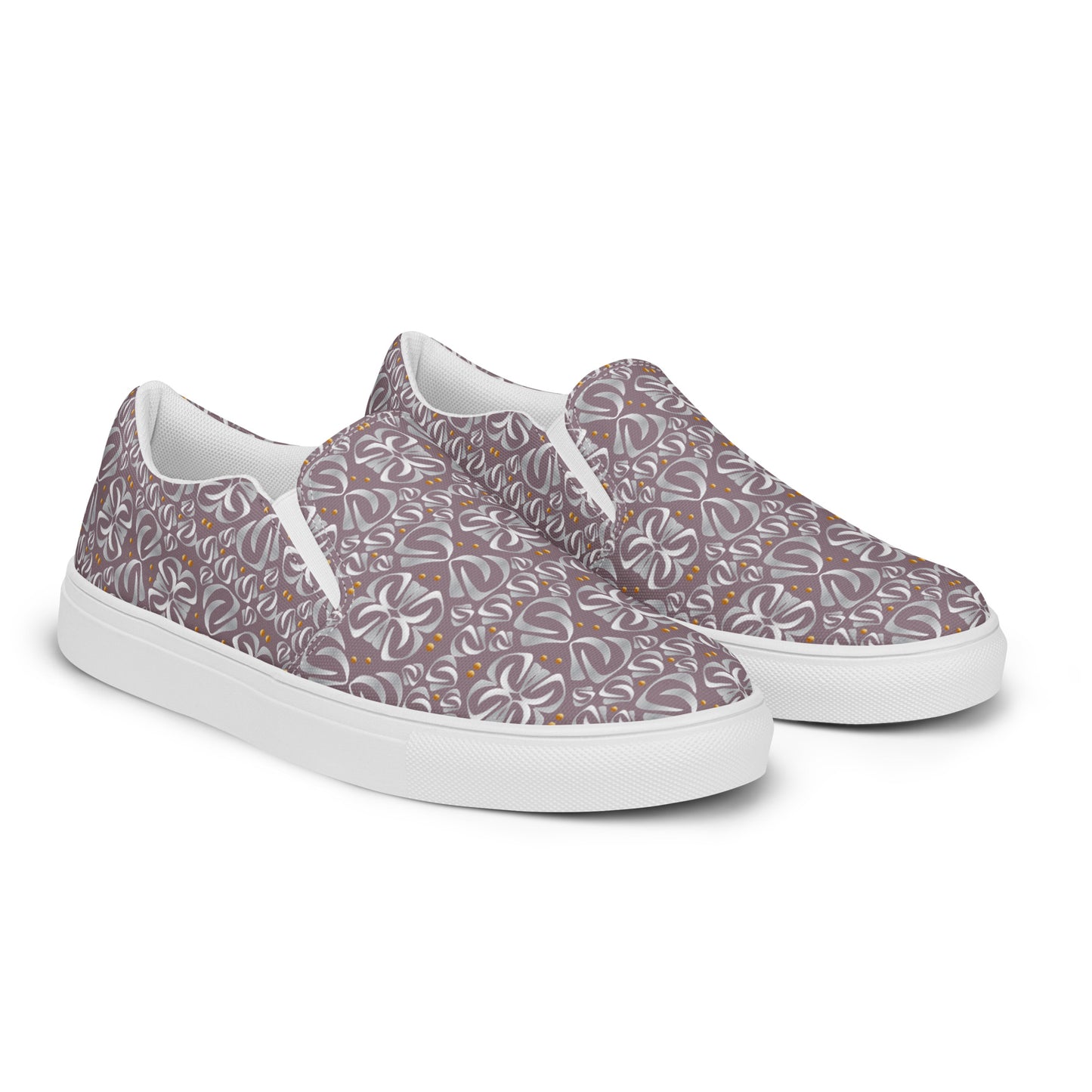 Women’s slip-on canvas shoes Kukloso Fleurons No 32 Gold, Silver on Mauve - Free Shipping