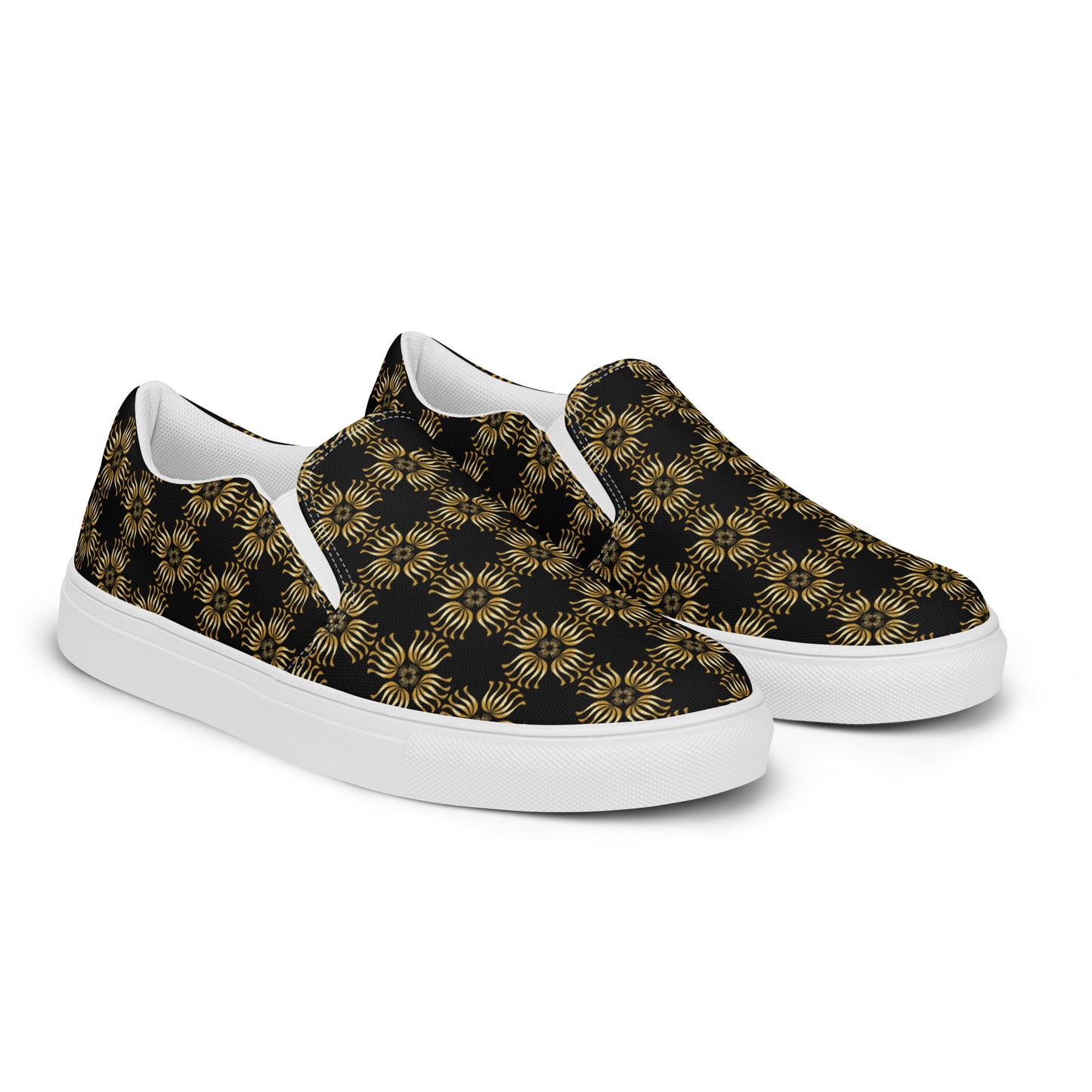 Women’s slip-on canvas shoes Kukloso Golden Fleurons on Black - Free Shipping