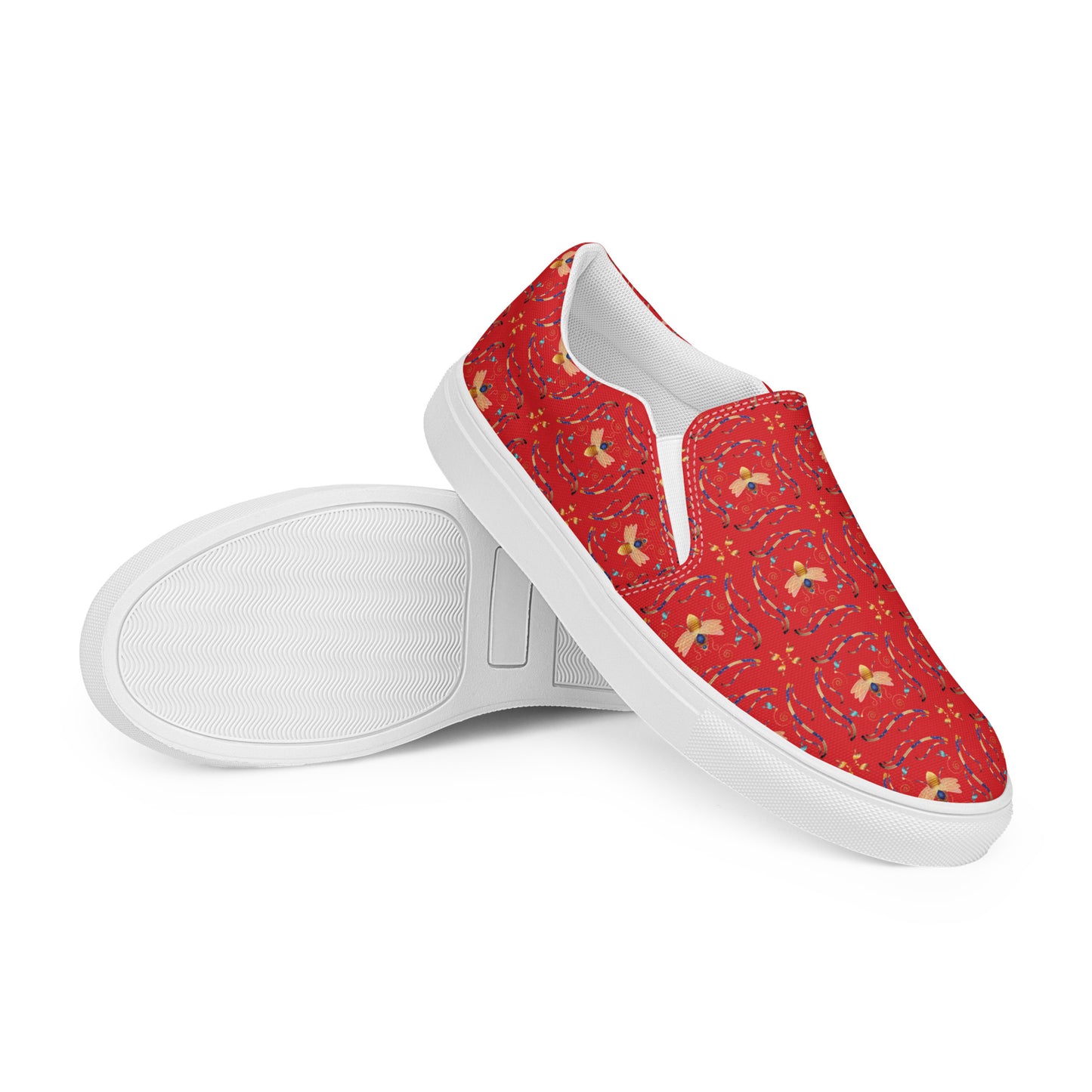 Women’s slip-on canvas shoes Kukloso Queen Bee - Gold on Red - Free Shipping