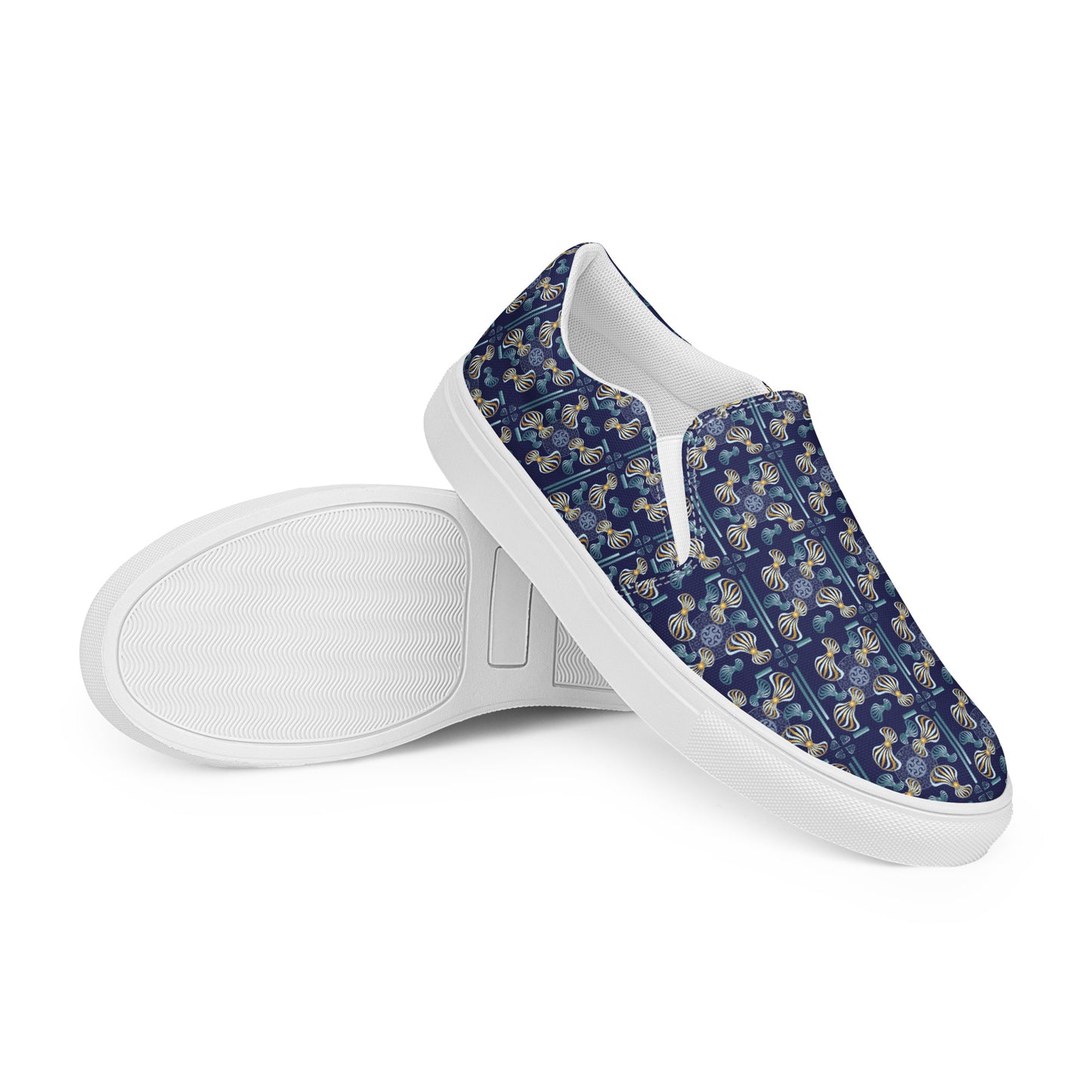 Women’s slip-on canvas shoes Kukloso Whimsical No 97 Aqua/Gold Spirials on Navy - Free Shipping