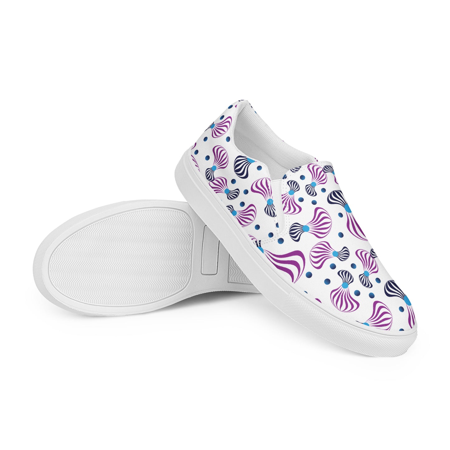 Women’s slip-on canvas shoes Kukloso Whimsical No 95 Purple/Aqua/Navy Spirials on White - Free Shipping