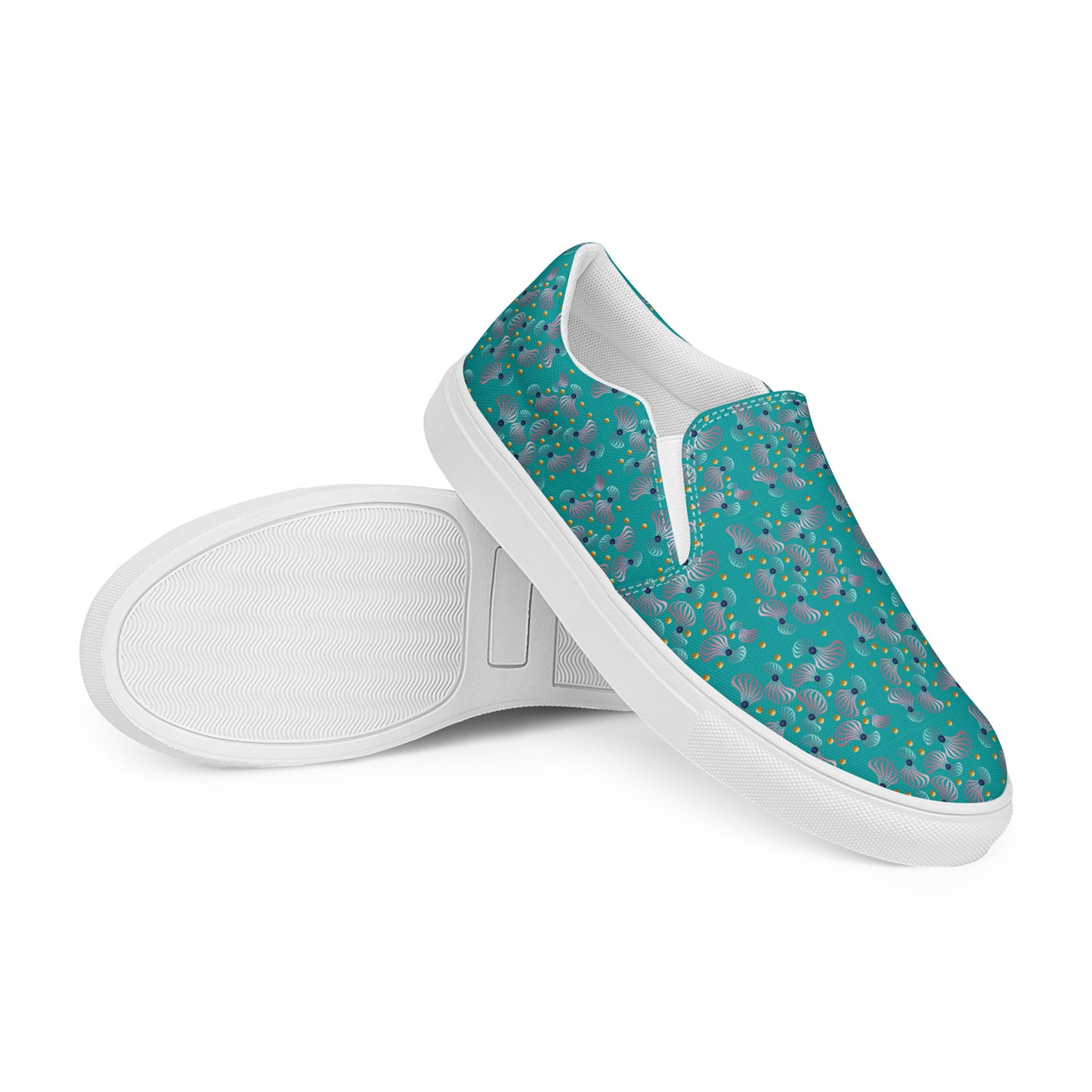 Women’s slip-on canvas shoes Kukloso Whimsical No 83 Pink/Aqua/Navy Spirials on Turquoise - Free Shipping