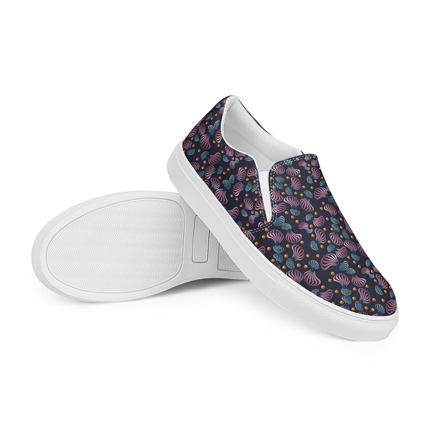 Women’s slip-on canvas shoes Kukloso Whimsical No 81 Pink/Aqua Spirials on Navy - Free Shipping