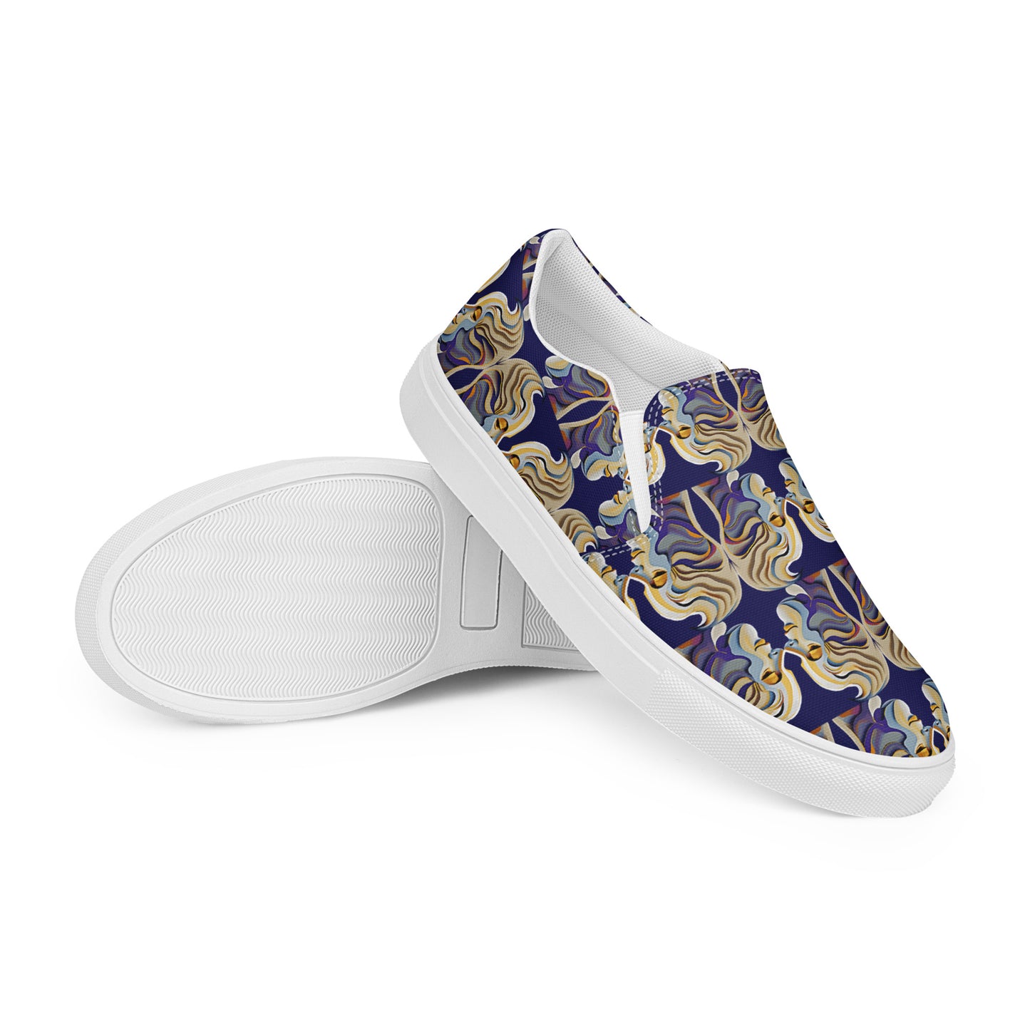 Women’s slip-on canvas shoes Kukloso Cubist Faces No 1 Large Pattern on Navy- Free Shipping