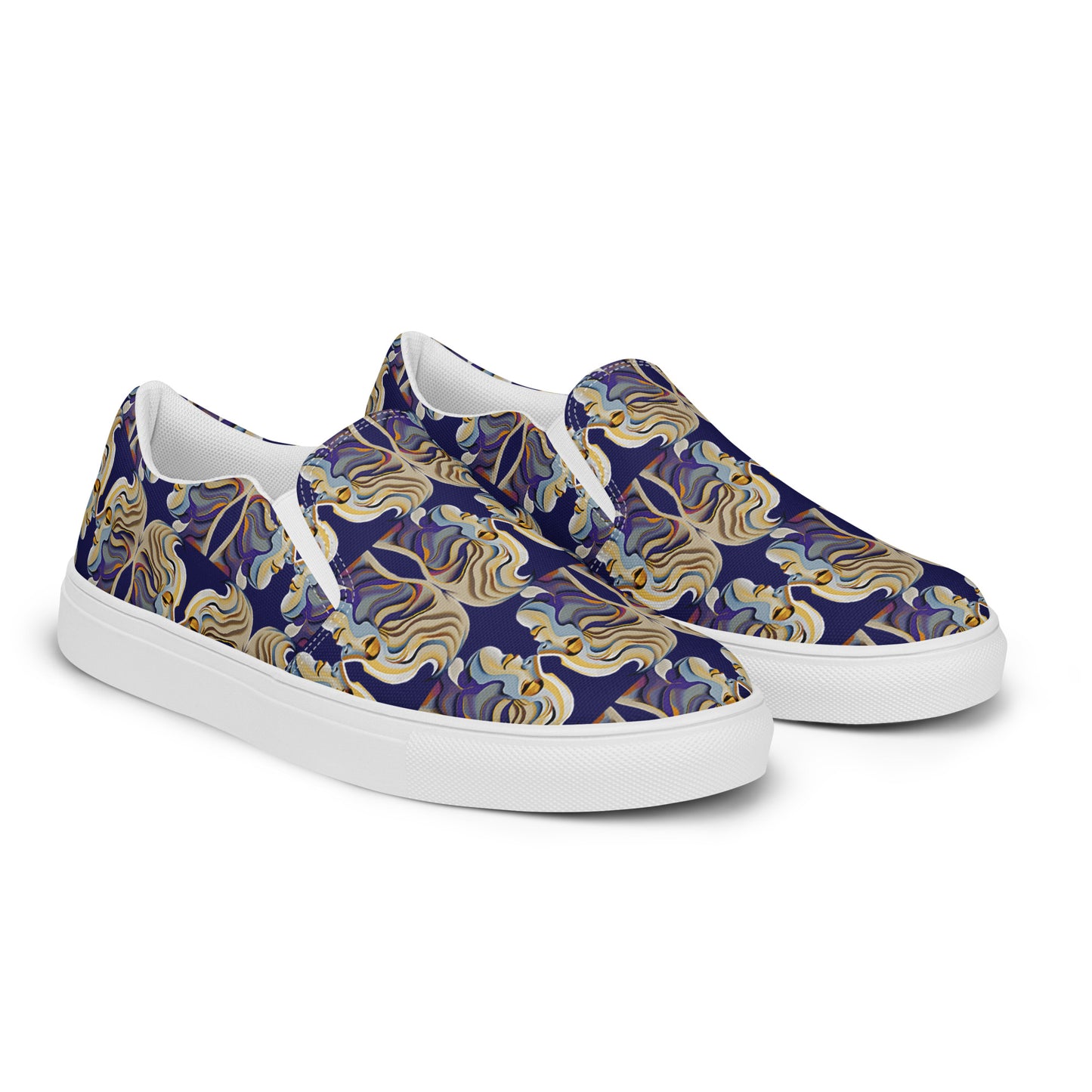 Women’s slip-on canvas shoes Kukloso Cubist Faces No 1 Large Pattern on Navy- Free Shipping