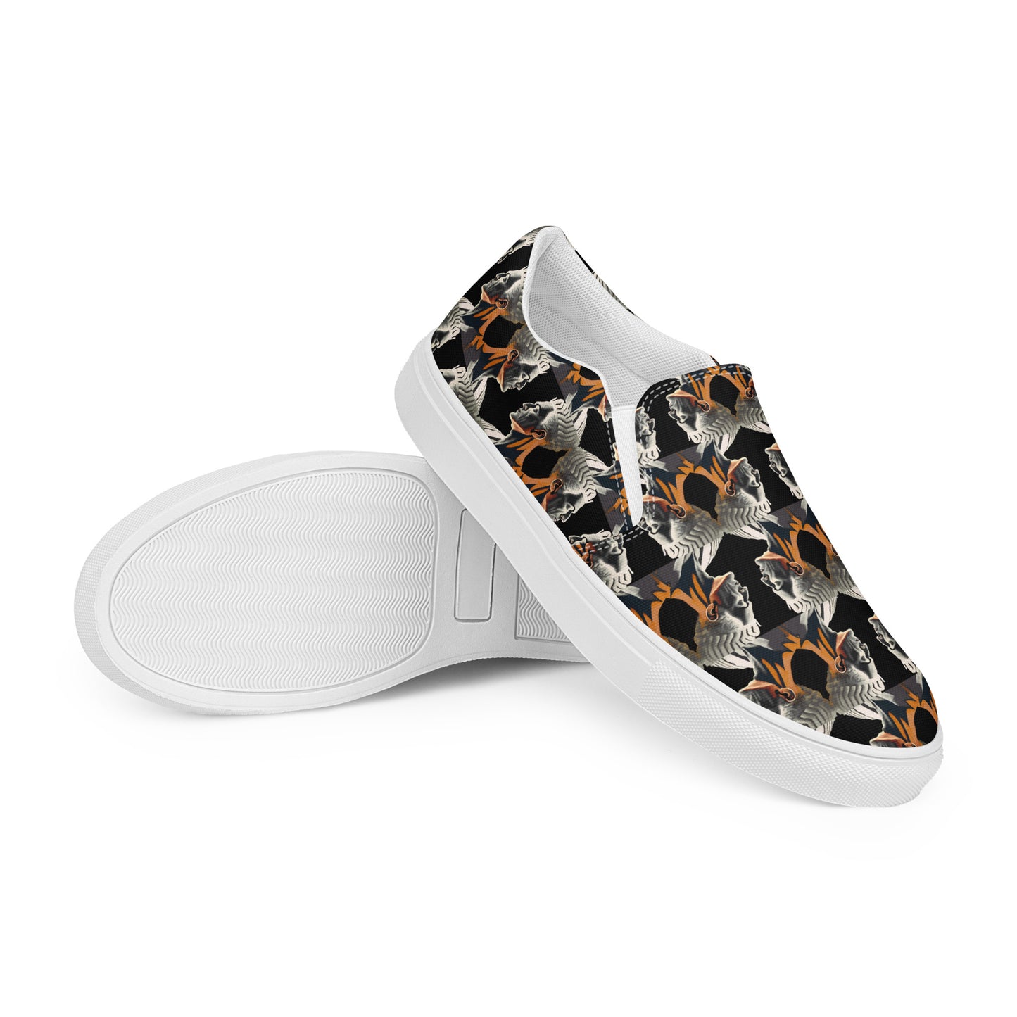 Women’s slip-on canvas shoes Kukloso Cubist Faces No 2 Large Pattern on Black - Free Shipping