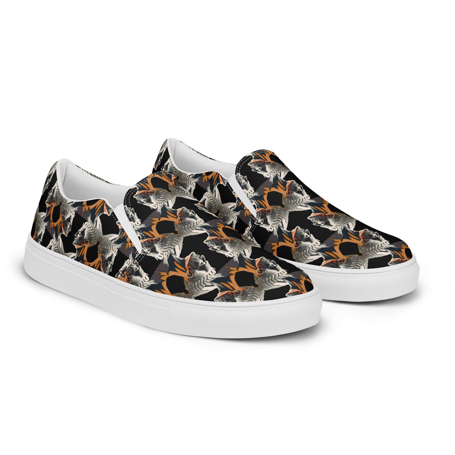 Women’s slip-on canvas shoes Kukloso Cubist Faces No 2 Large Pattern on Black - Free Shipping