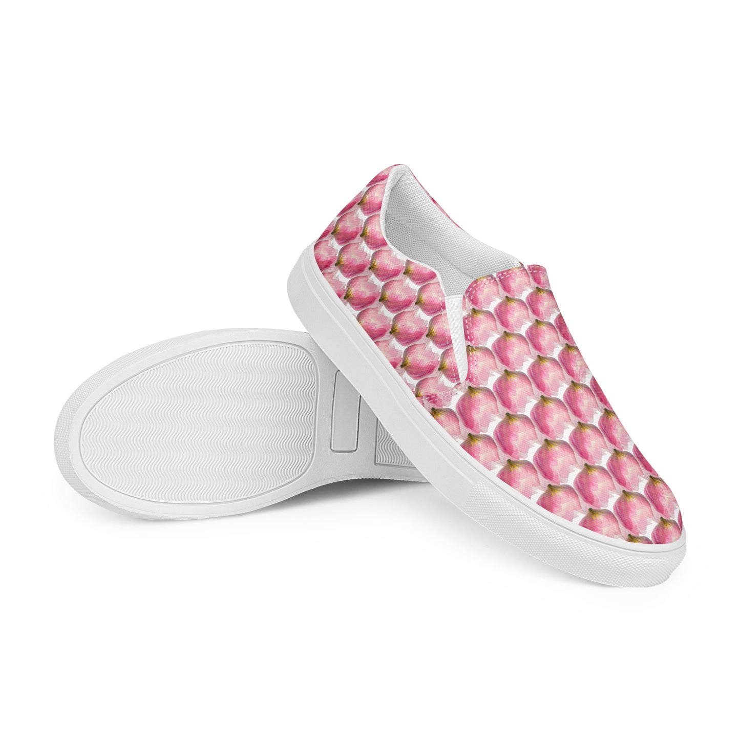 Women’s slip-on canvas shoes Kukloso Les tulipes Pink on White - Free Shipping