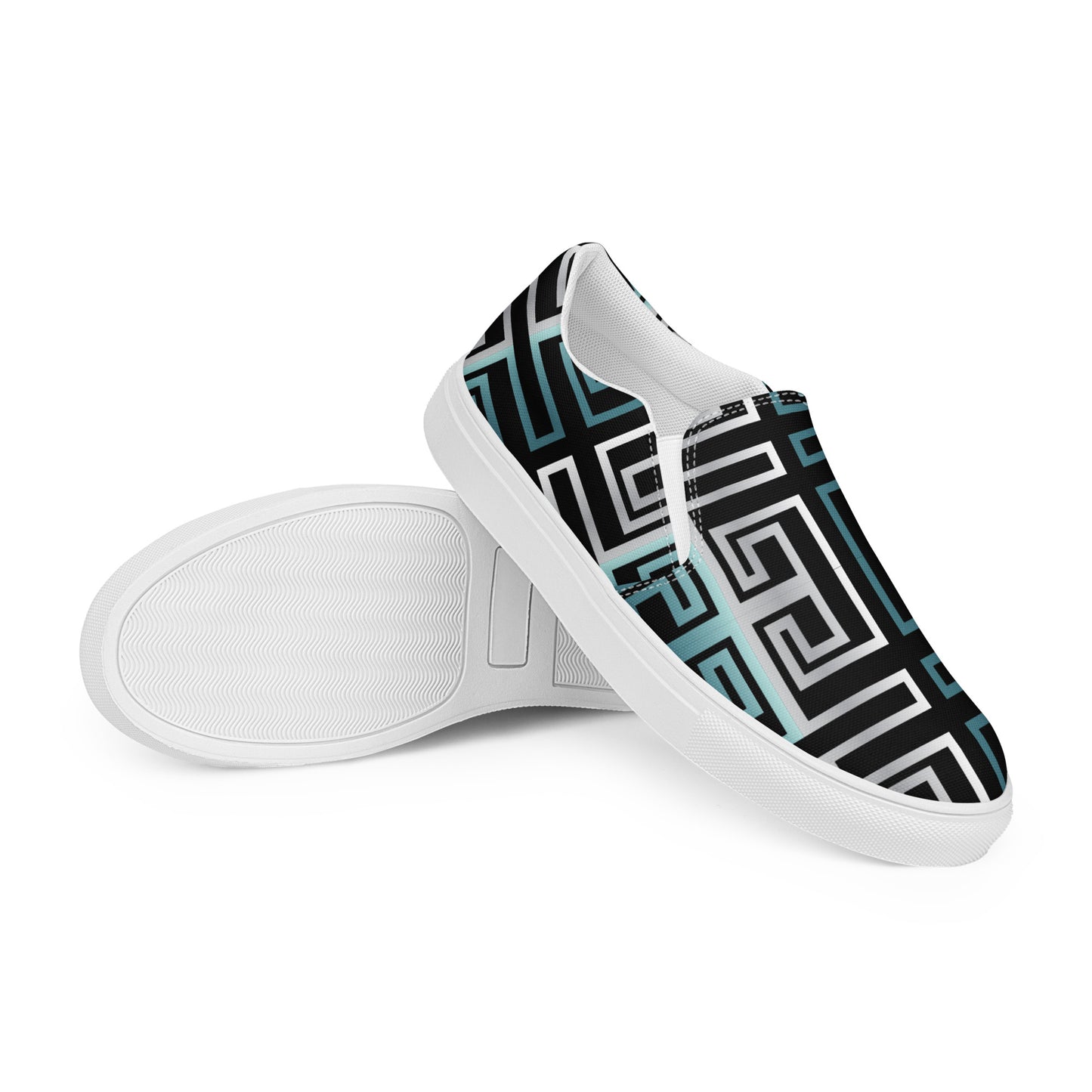 Women’s slip-on canvas shoes Kukloso Greek Border No 16 Silver/Aqua on Black - Free Shipping