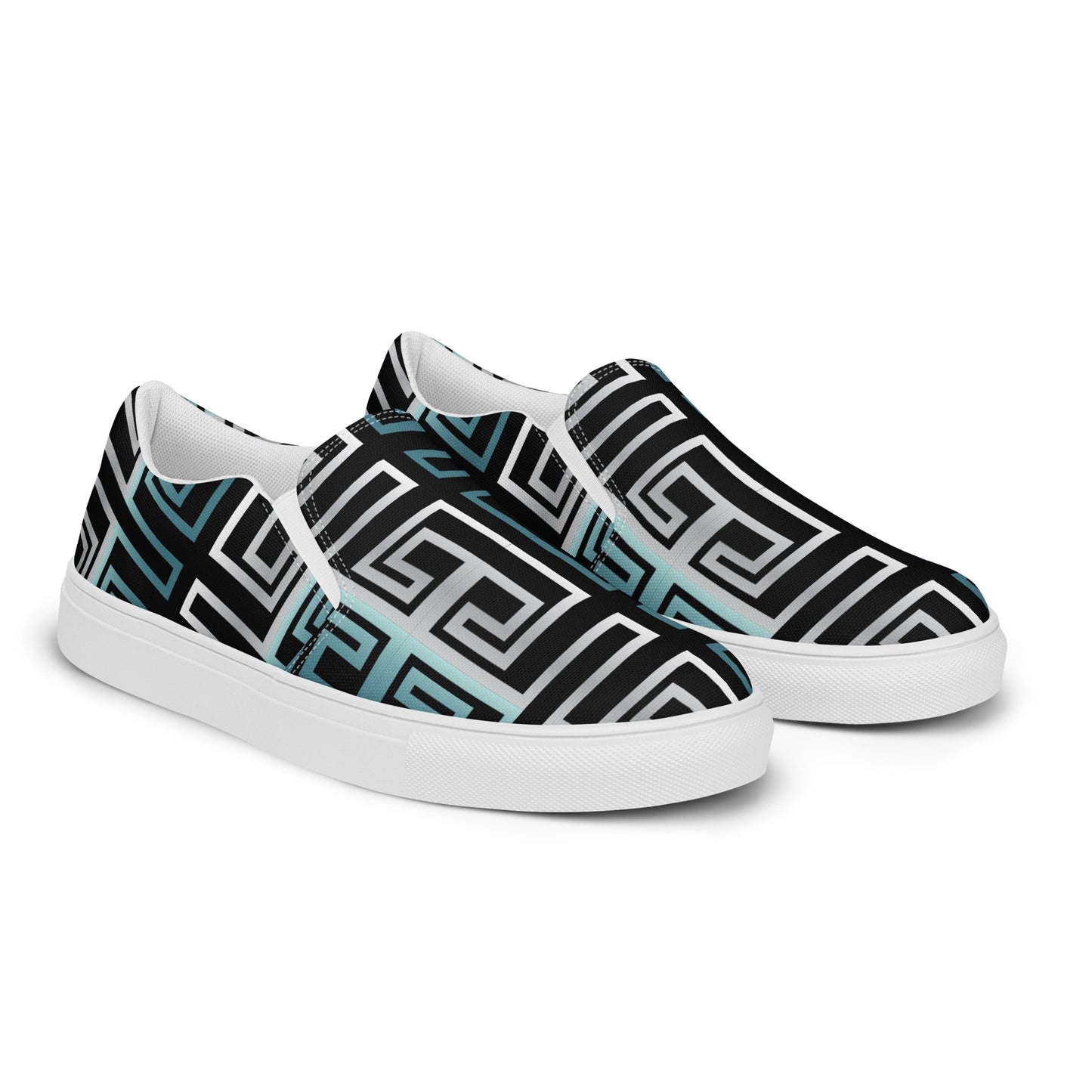 Women’s slip-on canvas shoes Kukloso Greek Border No 16 Silver/Aqua on Black - Free Shipping