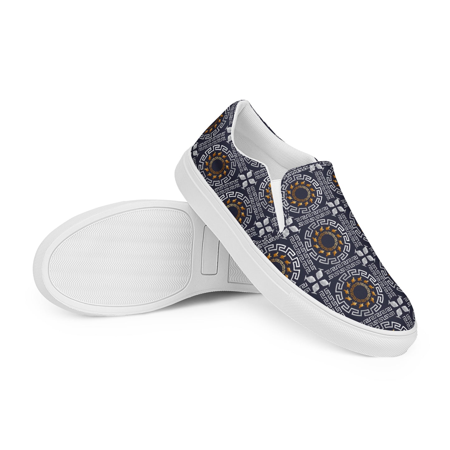 Women’s slip-on canvas shoes Kukloso Greek Border No 40 Ganesha on Navy - Free Shipping