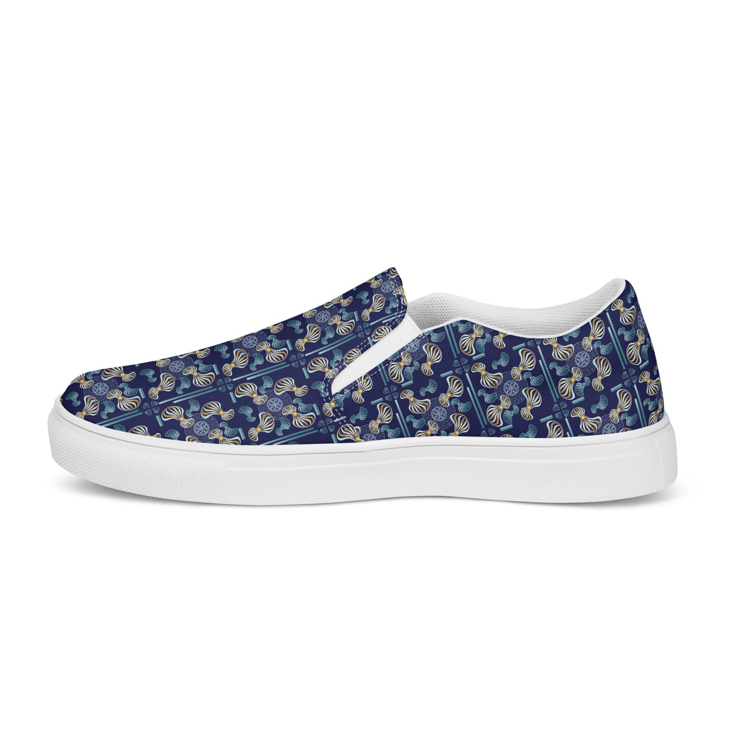 Women’s slip-on canvas shoes Kukloso Whimsical No 97 Aqua/Gold Spirials on Navy - Free Shipping