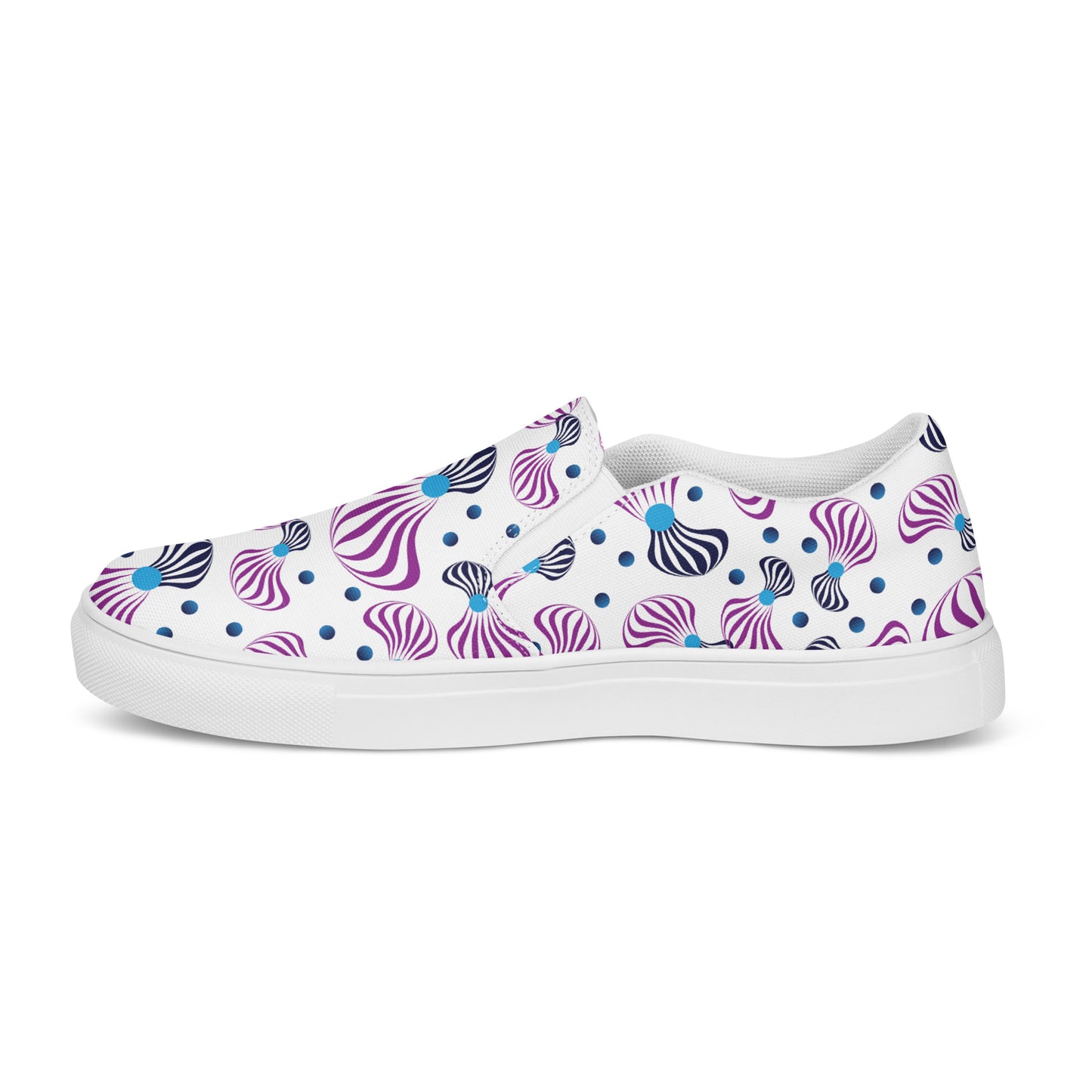 Women’s slip-on canvas shoes Kukloso Whimsical No 95 Purple/Aqua/Navy Spirials on White - Free Shipping