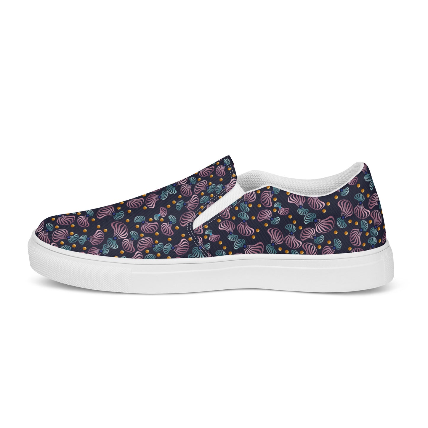 Women’s slip-on canvas shoes Kukloso Whimsical No 81 Pink/Aqua Spirials on Navy - Free Shipping