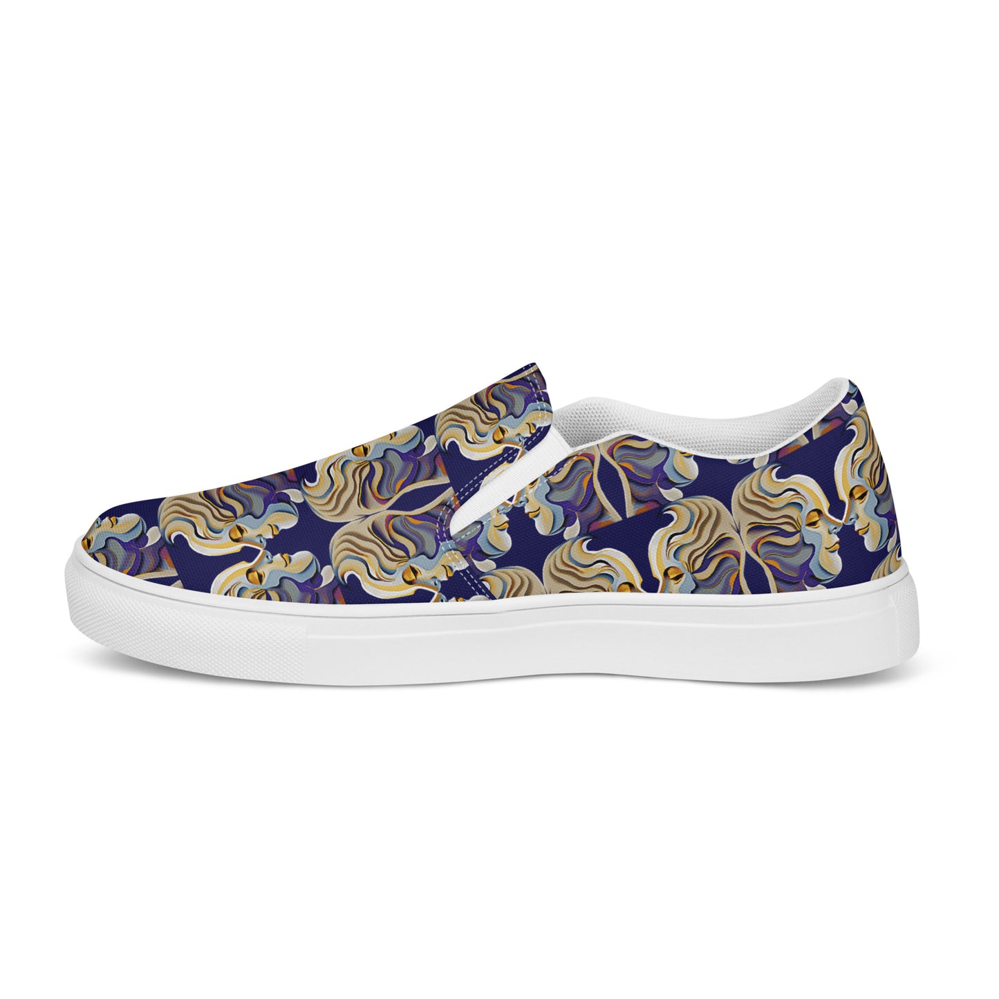 Women’s slip-on canvas shoes Kukloso Cubist Faces No 1 Large Pattern on Navy- Free Shipping