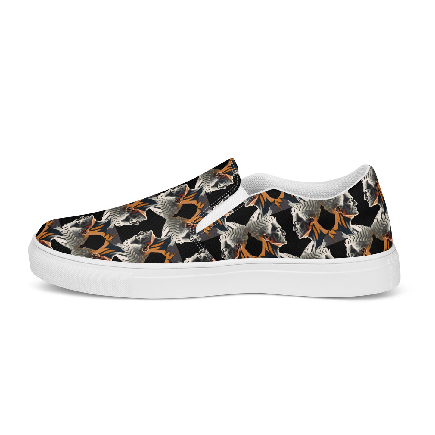 Women’s slip-on canvas shoes Kukloso Cubist Faces No 2 Large Pattern on Black - Free Shipping