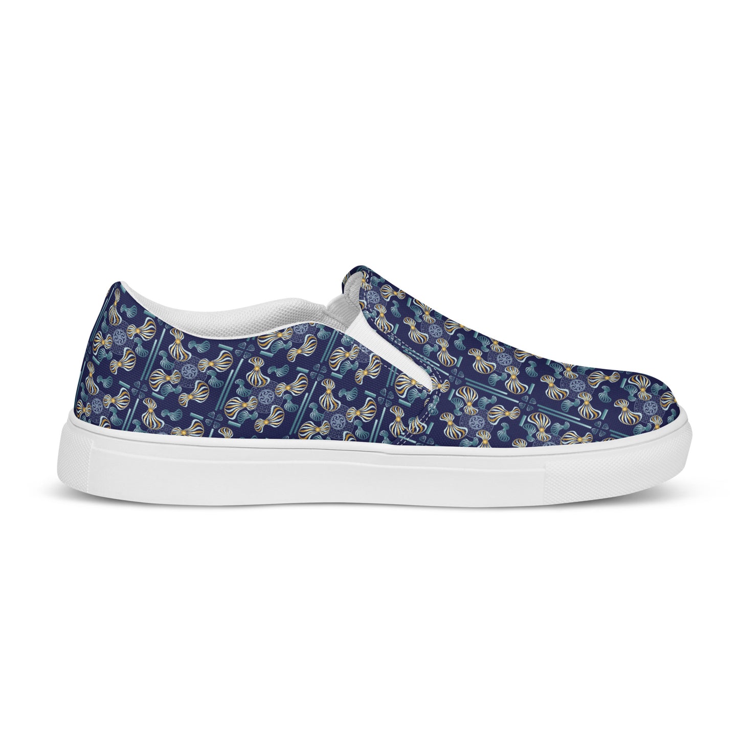 Women’s slip-on canvas shoes Kukloso Whimsical No 97 Aqua/Gold Spirials on Navy - Free Shipping